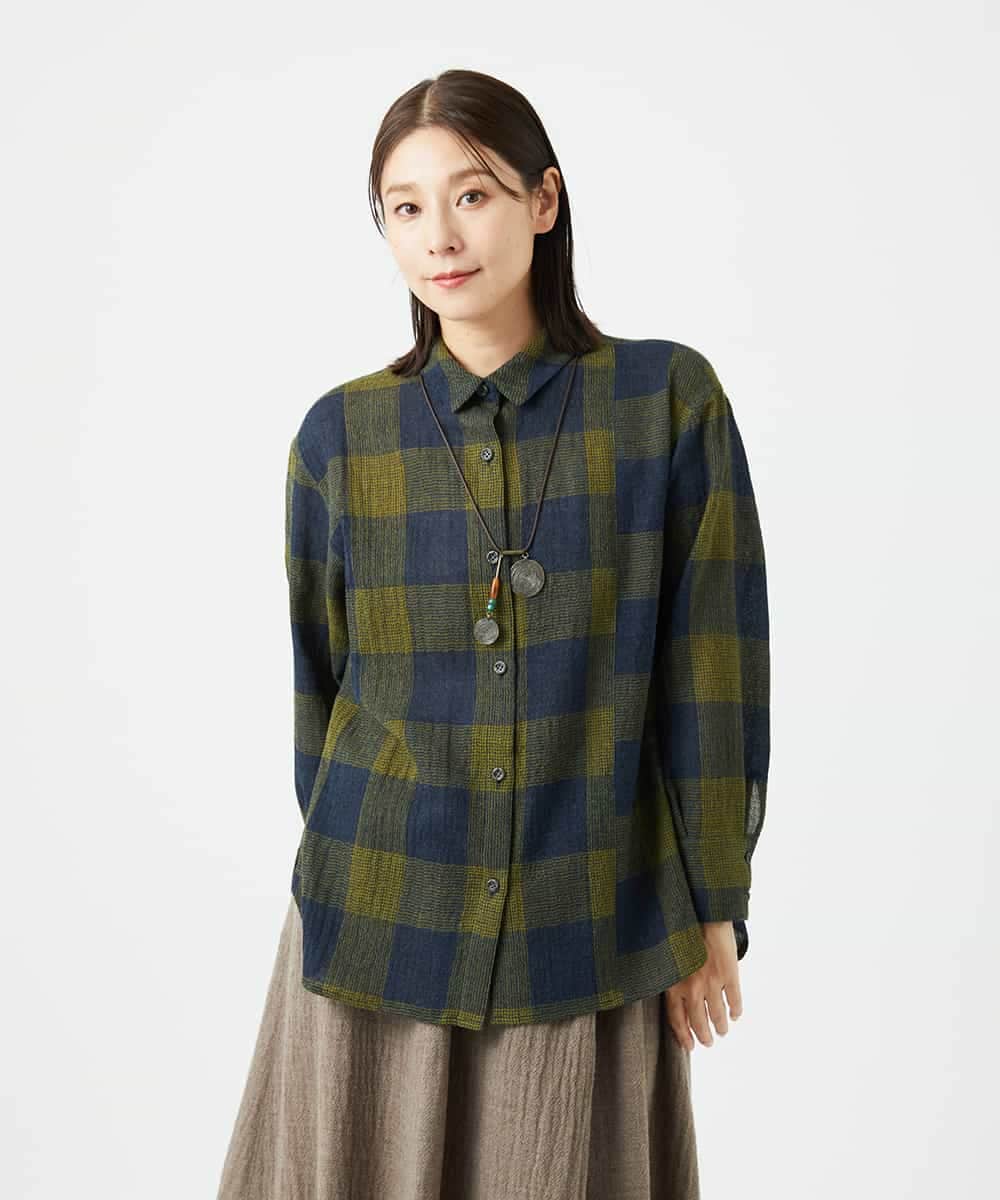 NHBAF15330 GIANNI LO GIUDICE(小さいサイズ)(メゾン ドゥ サンク) [日本製]リファインガーゼブロックチェックブラウス イエロー系