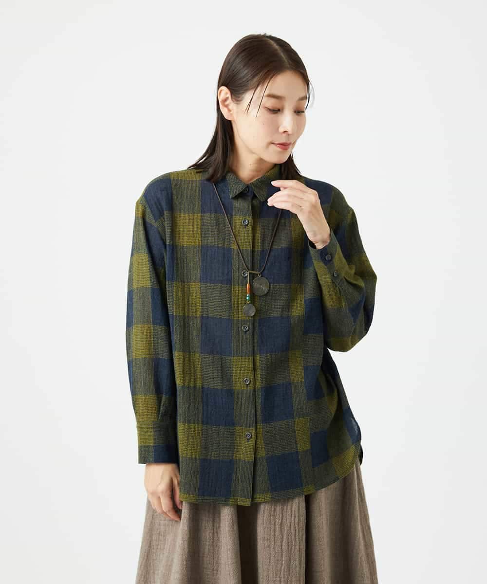 NHBAF15330 GIANNI LO GIUDICE(小さいサイズ)(メゾン ドゥ サンク) [日本製]リファインガーゼブロックチェックブラウス イエロー系