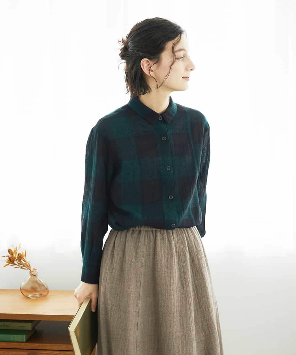 NHBAF15330 GIANNI LO GIUDICE(小さいサイズ)(メゾン ドゥ サンク) [日本製]リファインガーゼブロックチェックブラウス イエロー系