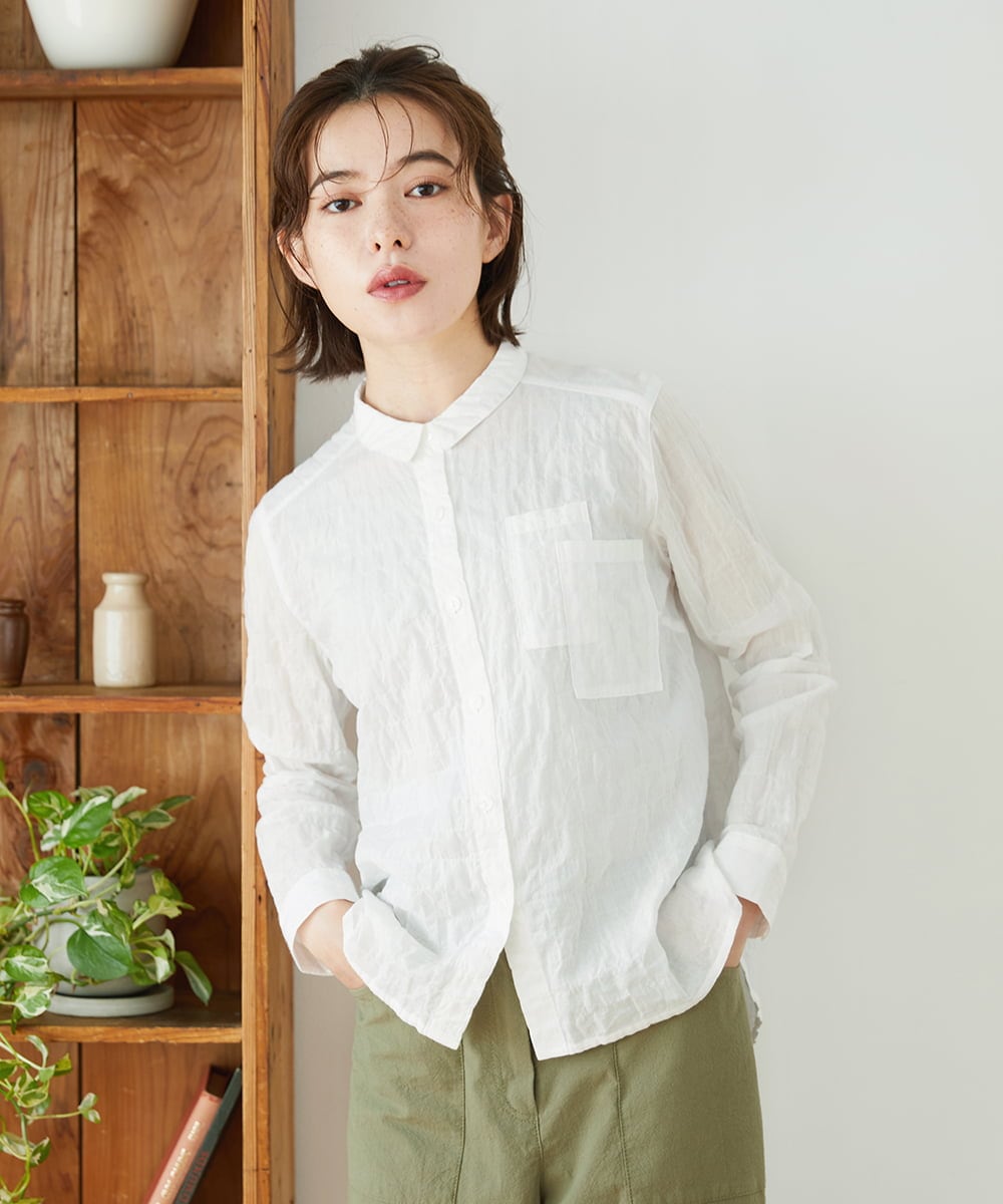 NHBEF14230 GIANNI LO GIUDICE(小さいサイズ)(メゾン ドゥ サンク) シャーリングシャンブレーブラウス ライトブルー