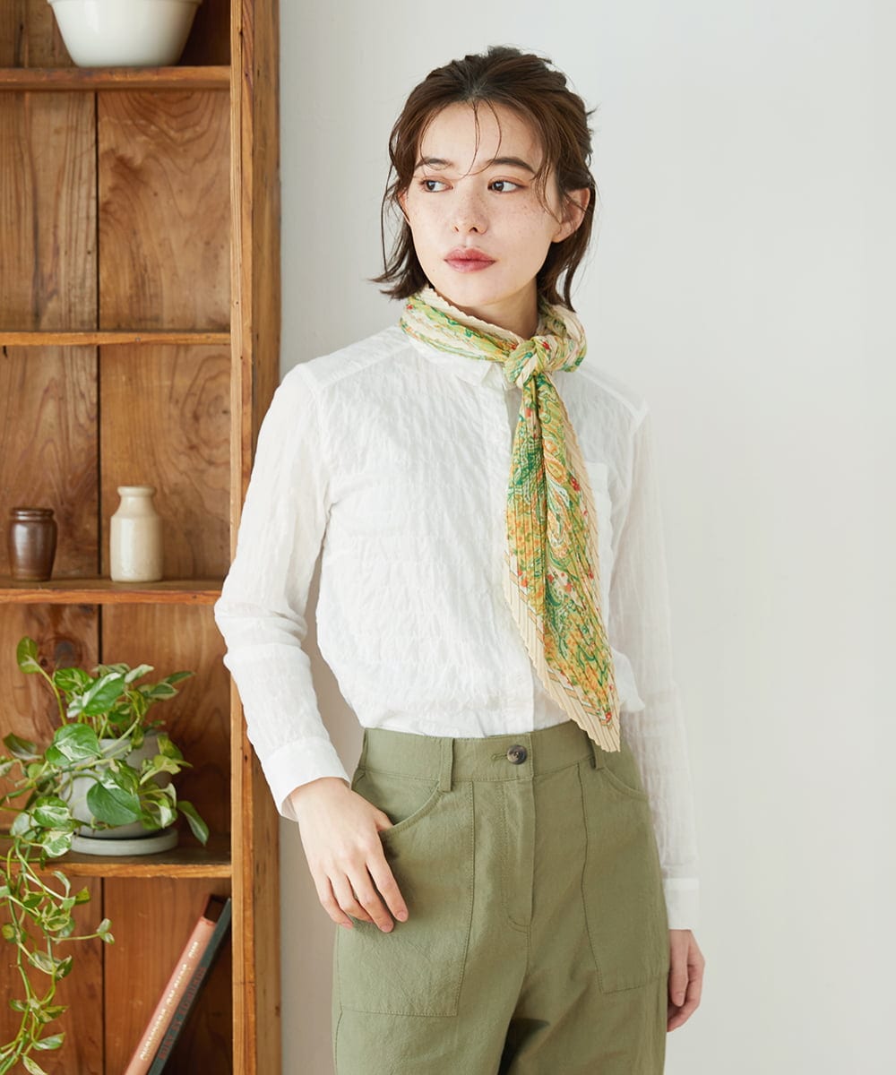 NHBEF14230 GIANNI LO GIUDICE(小さいサイズ)(メゾン ドゥ サンク) シャーリングシャンブレーブラウス ライトブルー