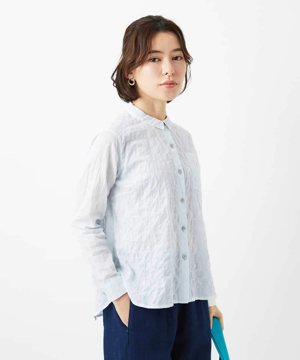 NHBEF14230 GIANNI LO GIUDICE(小さいサイズ)(メゾン ドゥ サンク) シャーリングシャンブレーブラウス ライトブルー