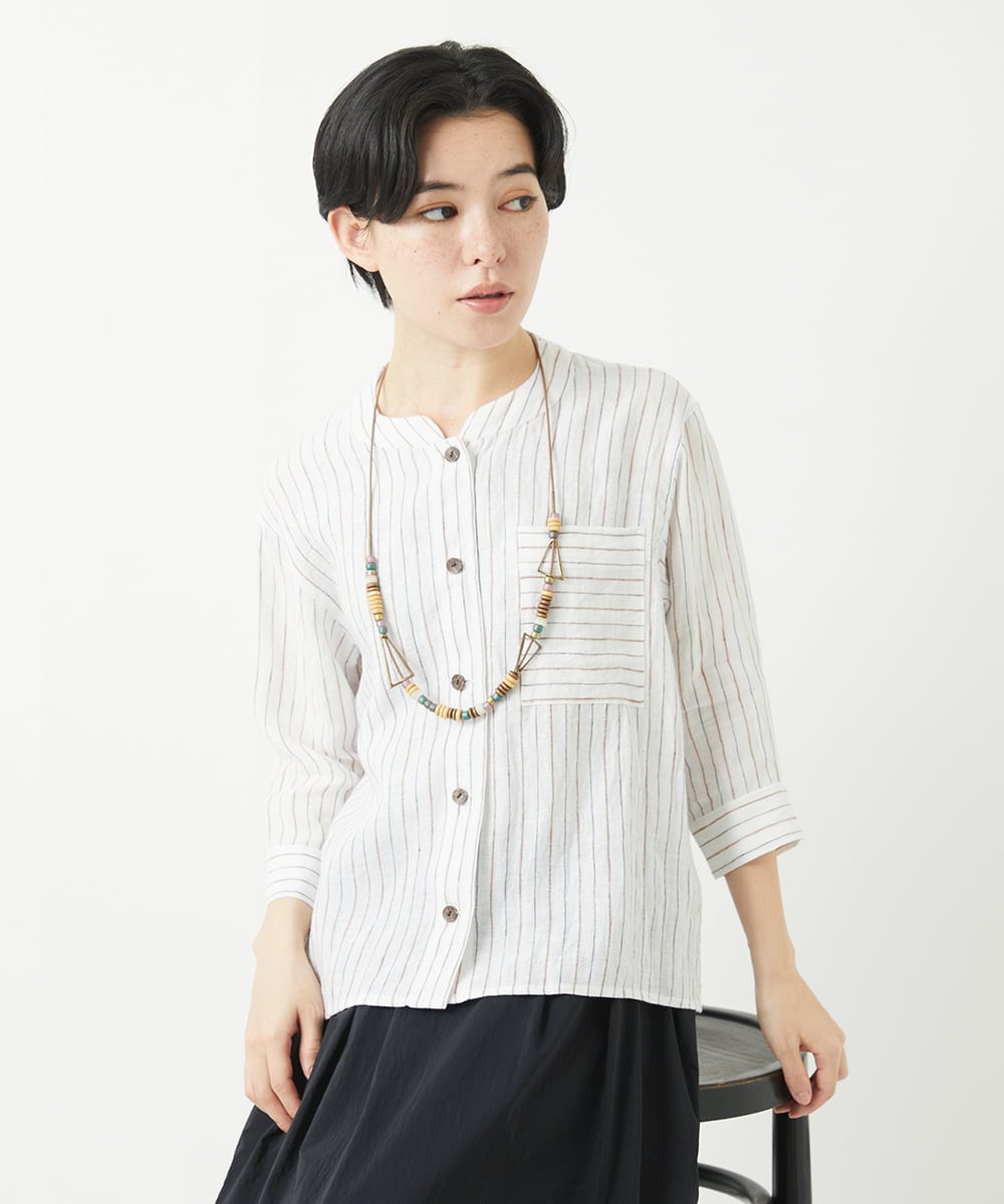 NHBGA21330 GIANNI LO GIUDICE(小さいサイズ)(メゾン ドゥ サンク) リネンストライプシャツブラウス ホワイト系