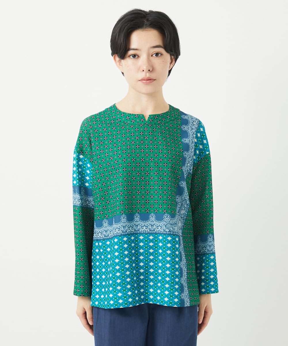 NHBGA22360 GIANNI LO GIUDICE(小さいサイズ)(メゾン ドゥ サンク) バンダナパネルプリントブラウス グリーン系