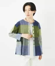NHBGA40390 GIANNI LO GIUDICE(小さいサイズ)(メゾン ドゥ サンク) [日本製]コットンレーヨンランダムチェックブラウス グリーン系