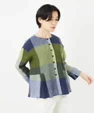 NHBGA40390 GIANNI LO GIUDICE(小さいサイズ)(メゾン ドゥ サンク) [日本製]コットンレーヨンランダムチェックブラウス グリーン系