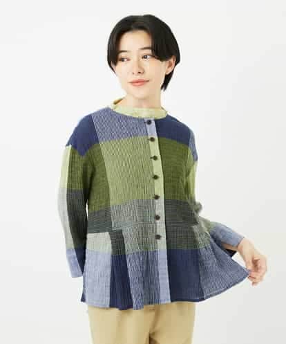 Maison de CINQ(メゾン ドゥ サンク) [日本製]コットンレーヨンランダムチェックブラウス グリーン/緑 36