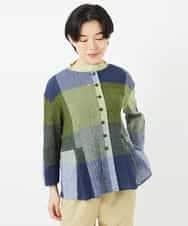 NHBGA40390 GIANNI LO GIUDICE(小さいサイズ)(メゾン ドゥ サンク) [日本製]コットンレーヨンランダムチェックブラウス グリーン系