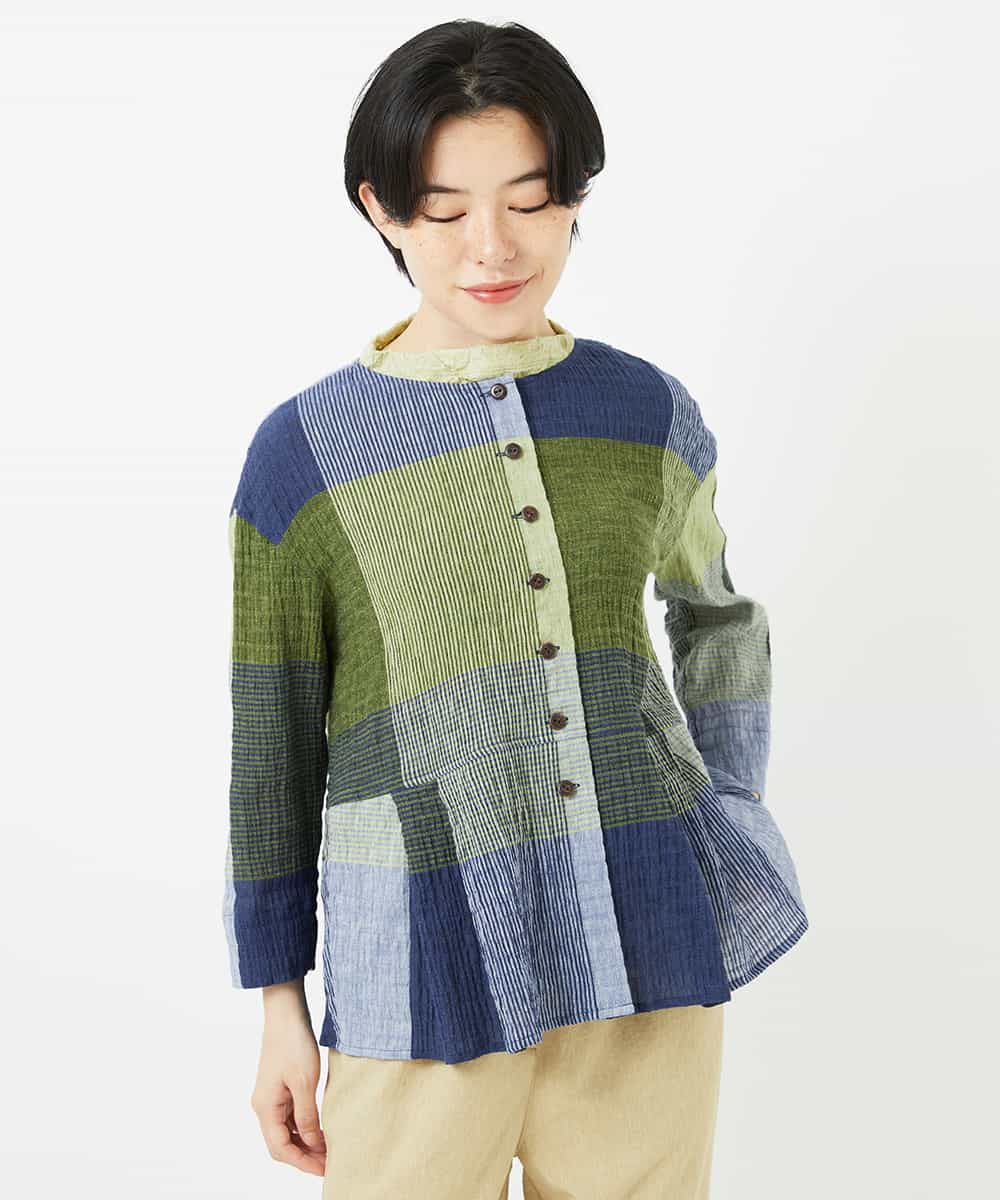 NHBGA40390 GIANNI LO GIUDICE(小さいサイズ)(メゾン ドゥ サンク) [日本製]コットンレーヨンランダムチェックブラウス グリーン系