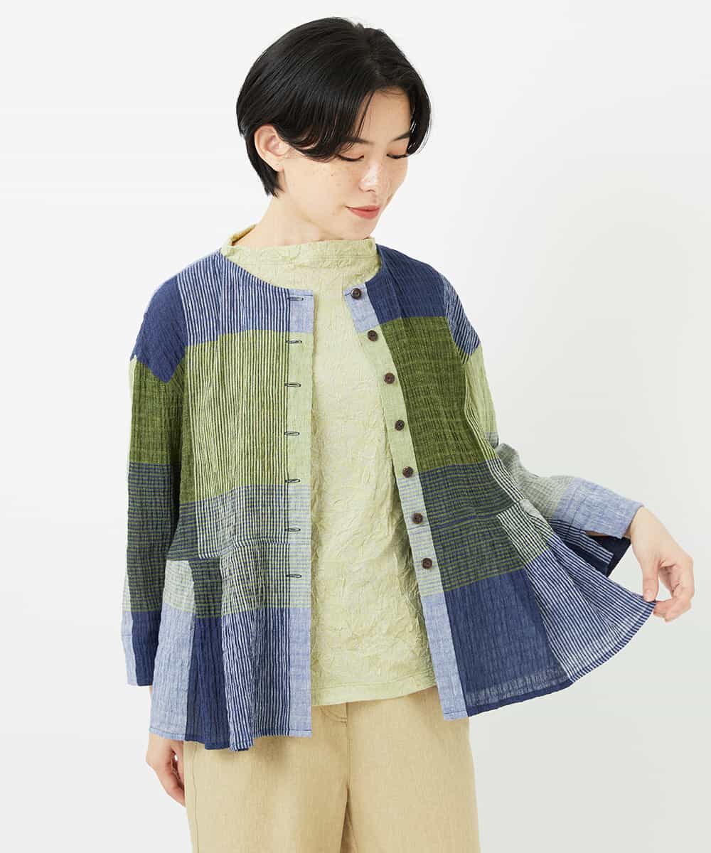 NHBGA40390 GIANNI LO GIUDICE(小さいサイズ)(メゾン ドゥ サンク) [日本製]コットンレーヨンランダムチェックブラウス グリーン系