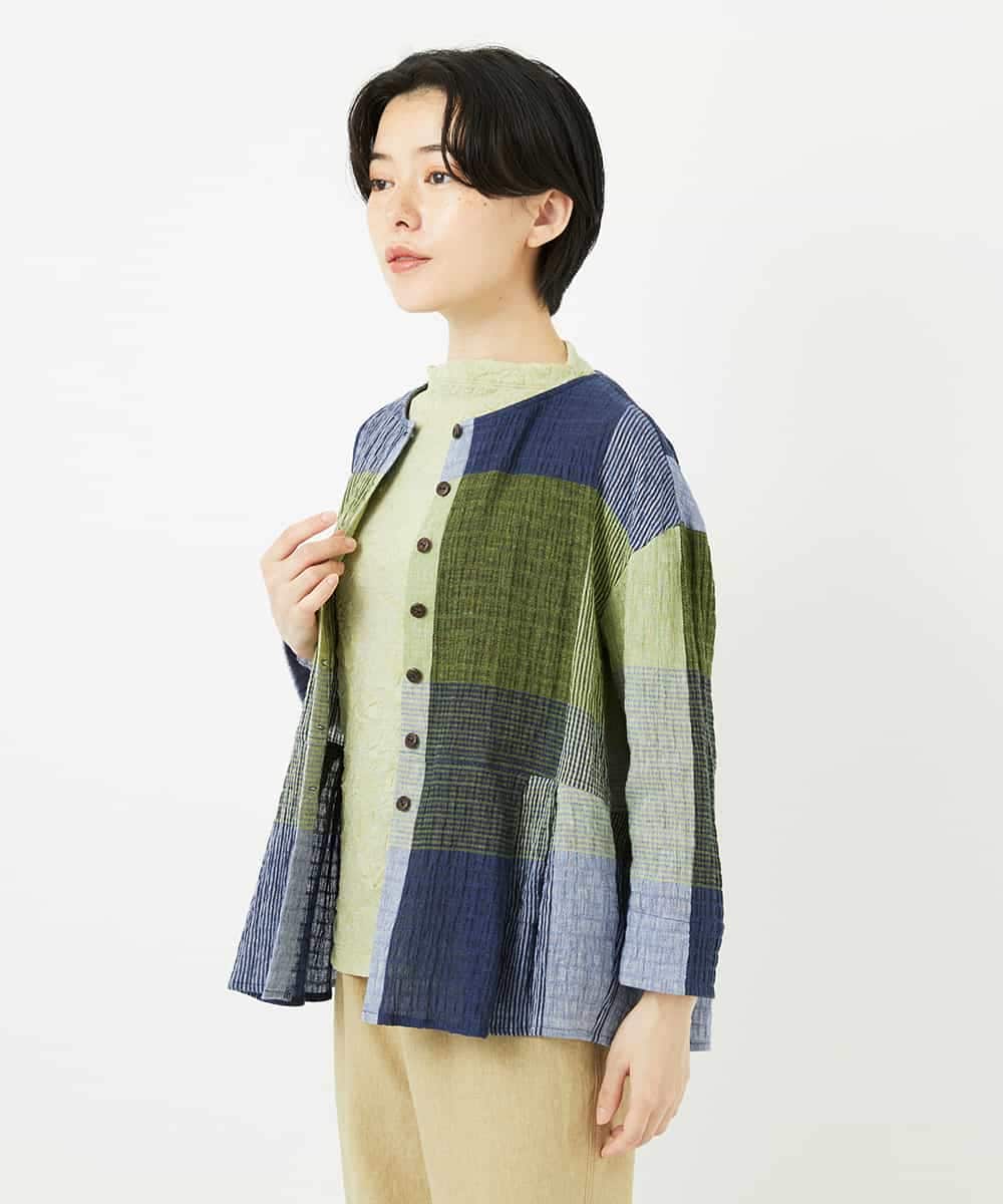 NHBGA40390 GIANNI LO GIUDICE(小さいサイズ)(メゾン ドゥ サンク) [日本製]コットンレーヨンランダムチェックブラウス グリーン系