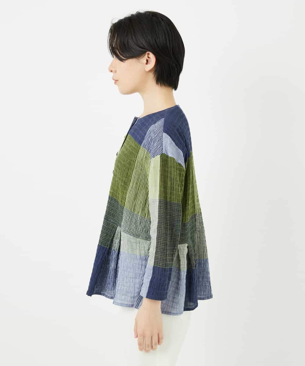 NHBGA40390 GIANNI LO GIUDICE(小さいサイズ)(メゾン ドゥ サンク) [日本製]コットンレーヨンランダムチェックブラウス グリーン系