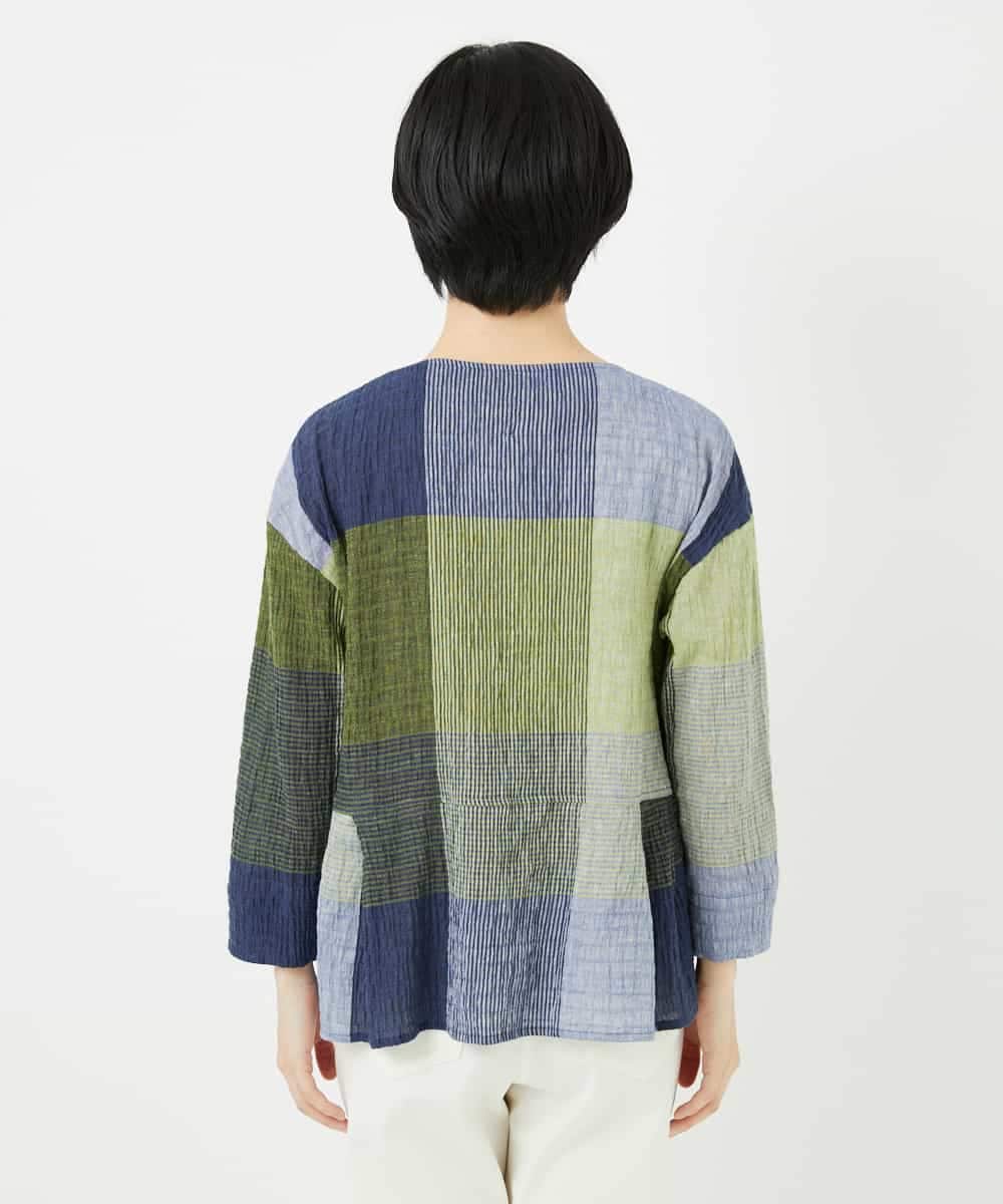 NHBGA40390 GIANNI LO GIUDICE(小さいサイズ)(メゾン ドゥ サンク) [日本製]コットンレーヨンランダムチェックブラウス グリーン系