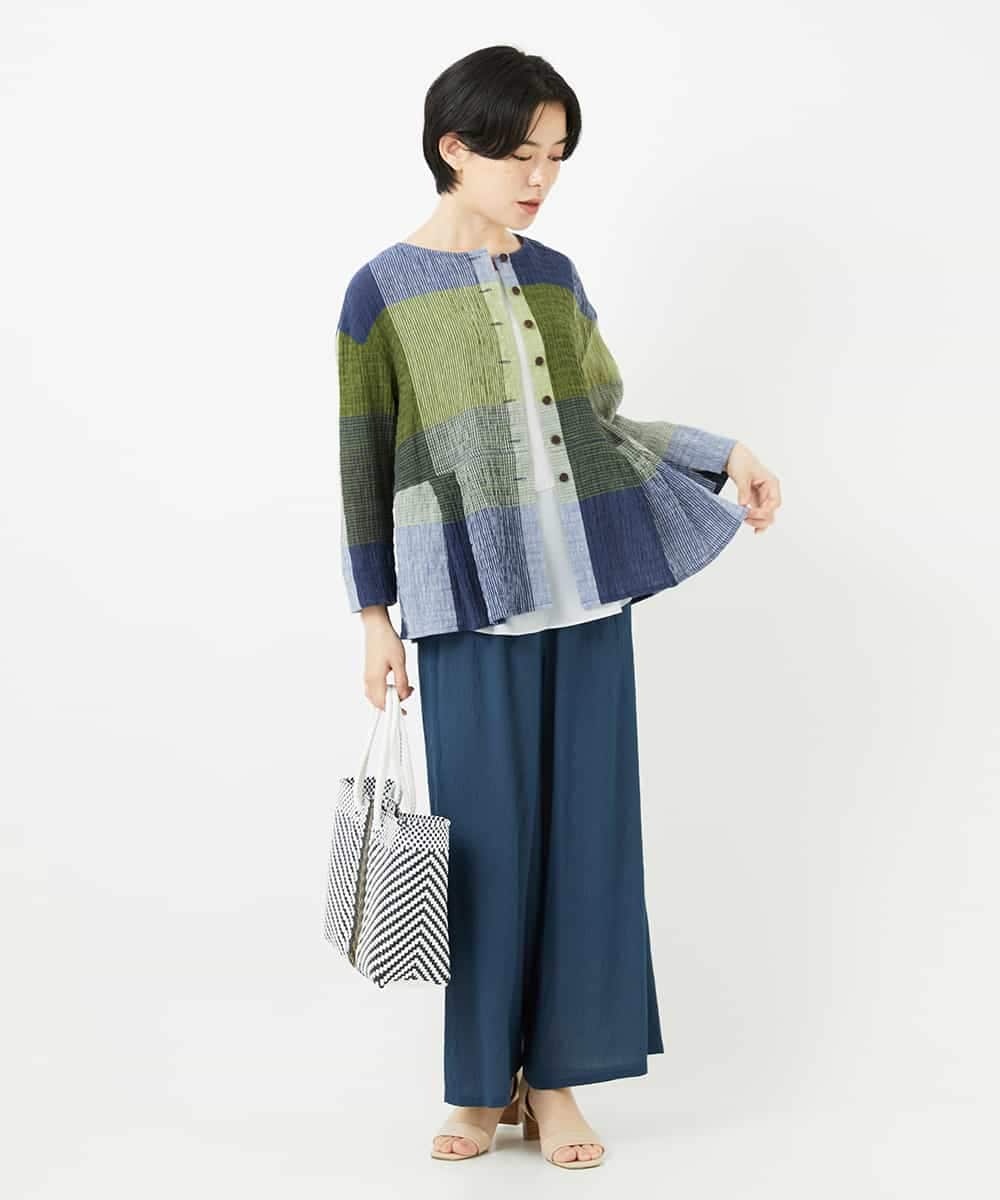 NHBGA40390 GIANNI LO GIUDICE(小さいサイズ)(メゾン ドゥ サンク) [日本製]コットンレーヨンランダムチェックブラウス グリーン系