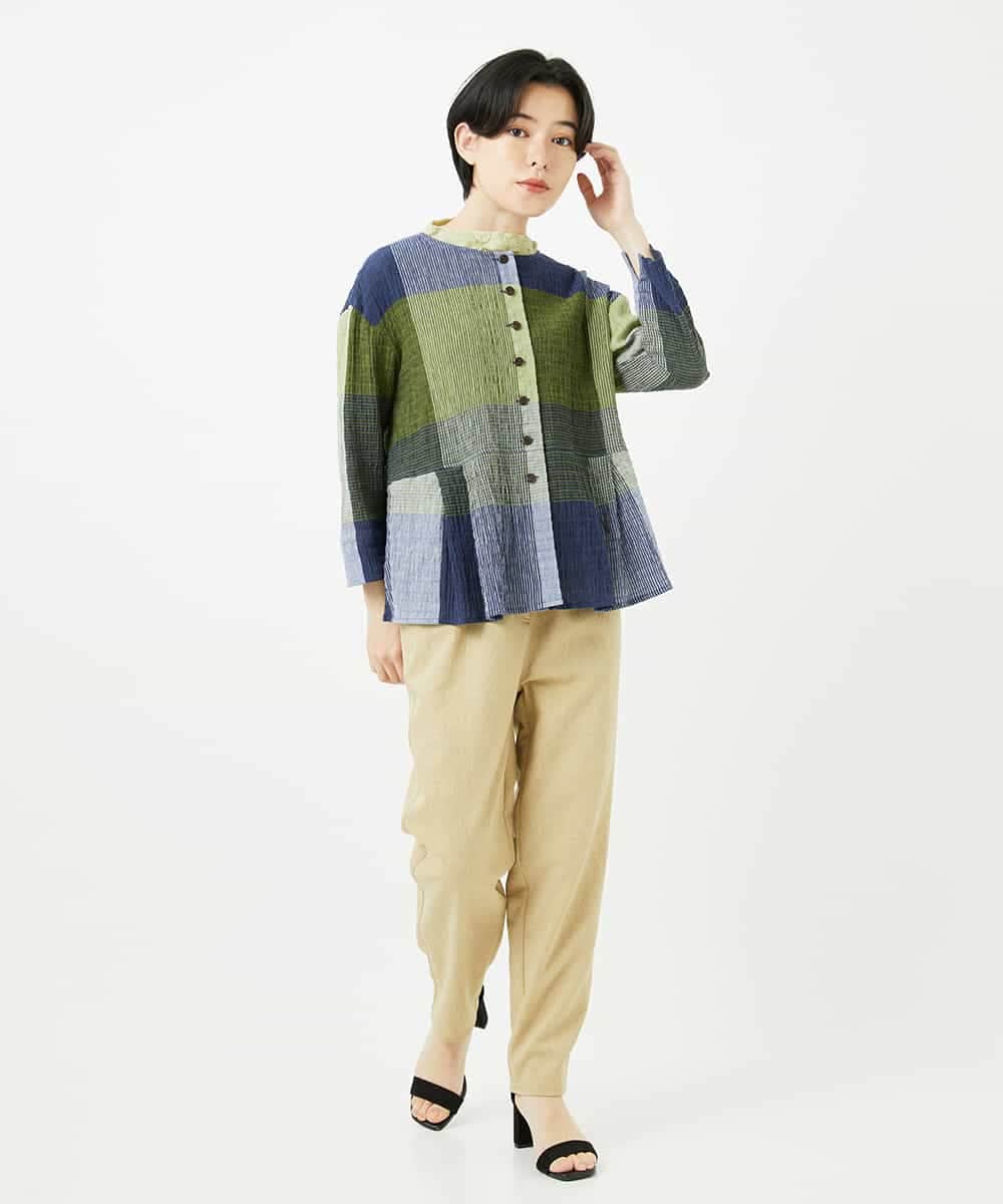 NHBGA40390 GIANNI LO GIUDICE(小さいサイズ)(メゾン ドゥ サンク) [日本製]コットンレーヨンランダムチェックブラウス グリーン系