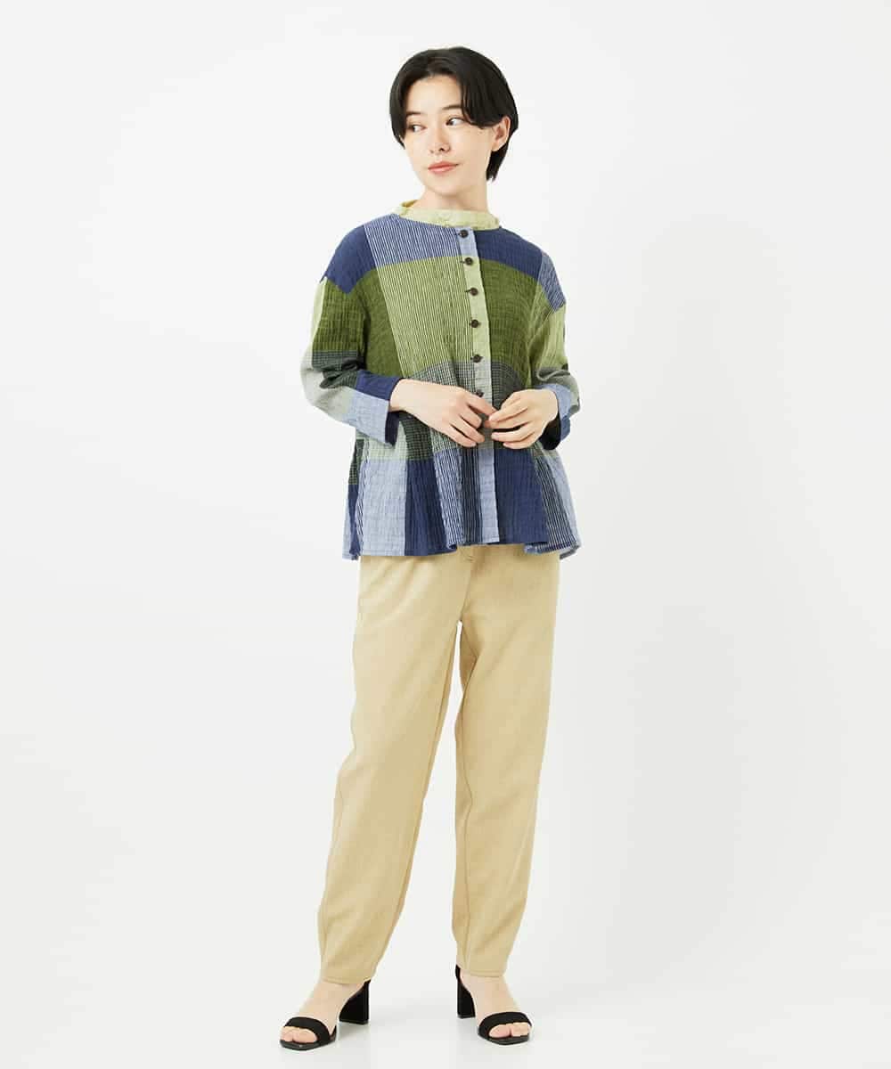 NHBGA40390 GIANNI LO GIUDICE(小さいサイズ)(メゾン ドゥ サンク) [日本製]コットンレーヨンランダムチェックブラウス グリーン系