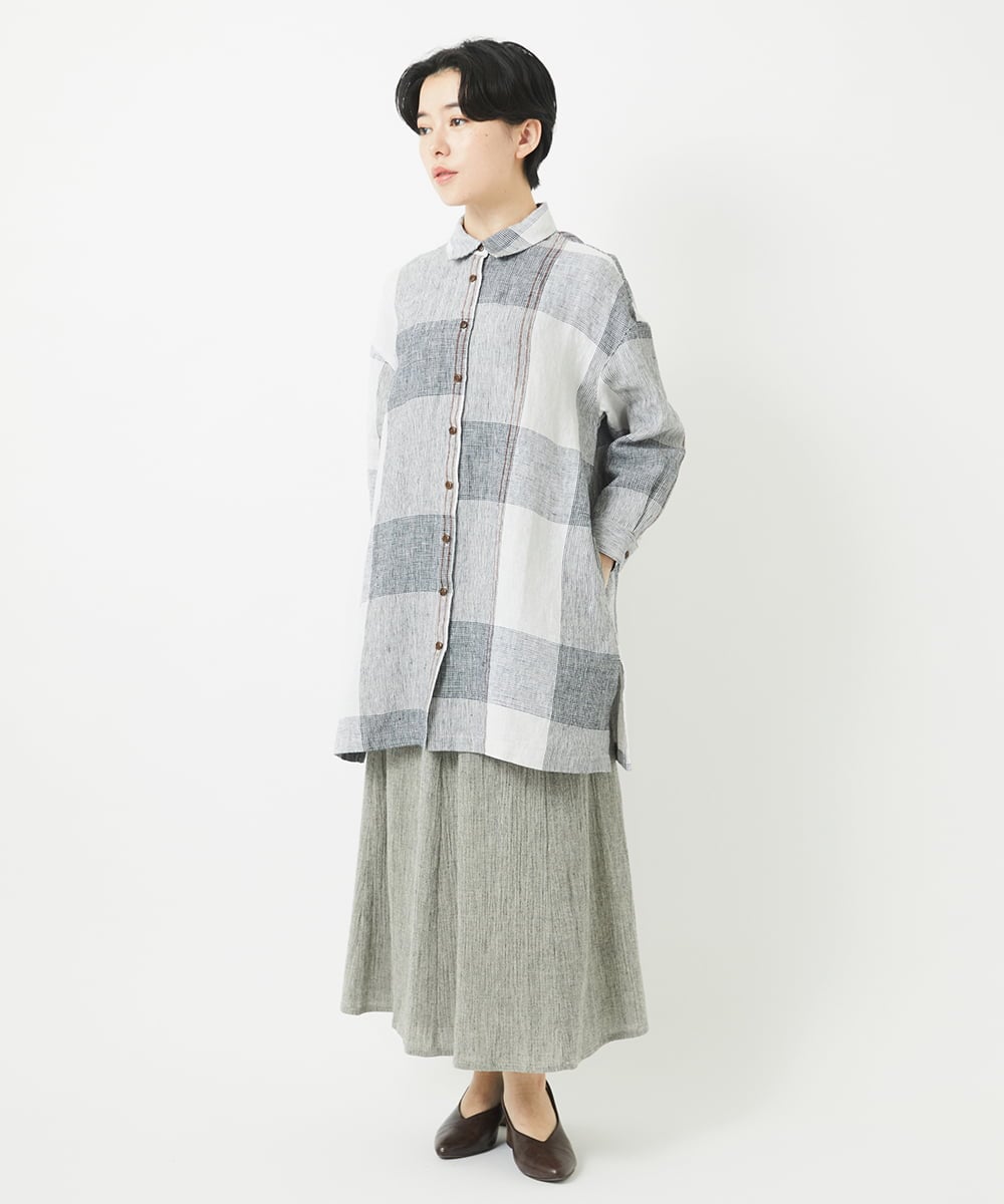 NHBGB54390 GIANNI LO GIUDICE(小さいサイズ)(メゾン ドゥ サンク) リネンチェックロングシャツブラウス ブラック×ホワイト