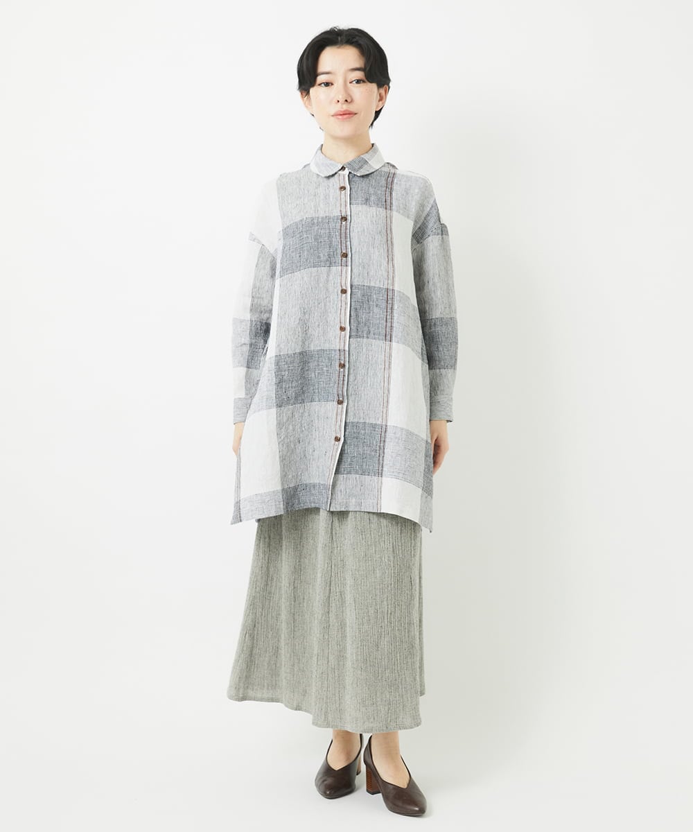 NHBGB54390 GIANNI LO GIUDICE(小さいサイズ)(メゾン ドゥ サンク) リネンチェックロングシャツブラウス ブラック×ホワイト