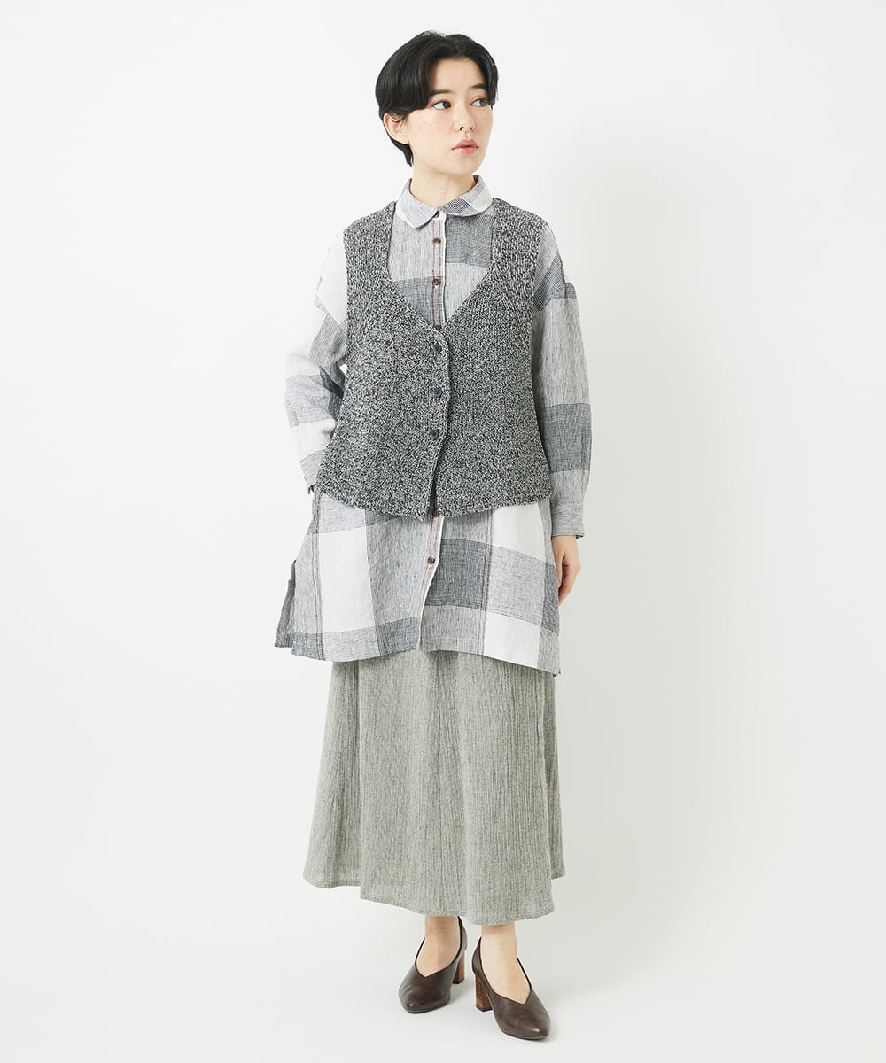 NHBGB54390 GIANNI LO GIUDICE(小さいサイズ)(メゾン ドゥ サンク) リネンチェックロングシャツブラウス ブラック×ホワイト
