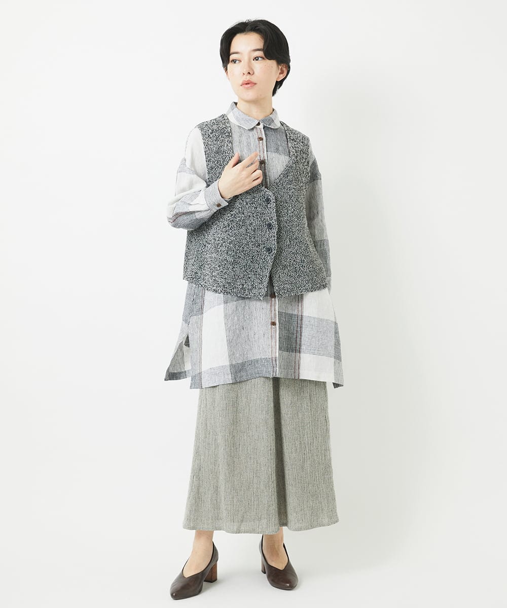 NHBGB54390 GIANNI LO GIUDICE(小さいサイズ)(メゾン ドゥ サンク) リネンチェックロングシャツブラウス ブラック×ホワイト