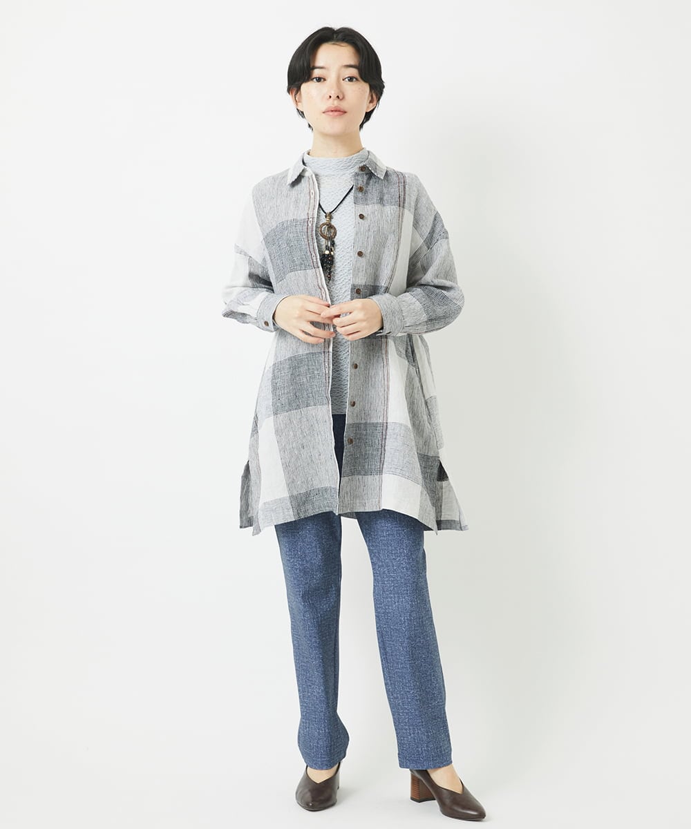 NHBGB54390 GIANNI LO GIUDICE(小さいサイズ)(メゾン ドゥ サンク) リネンチェックロングシャツブラウス ブラック×ホワイト