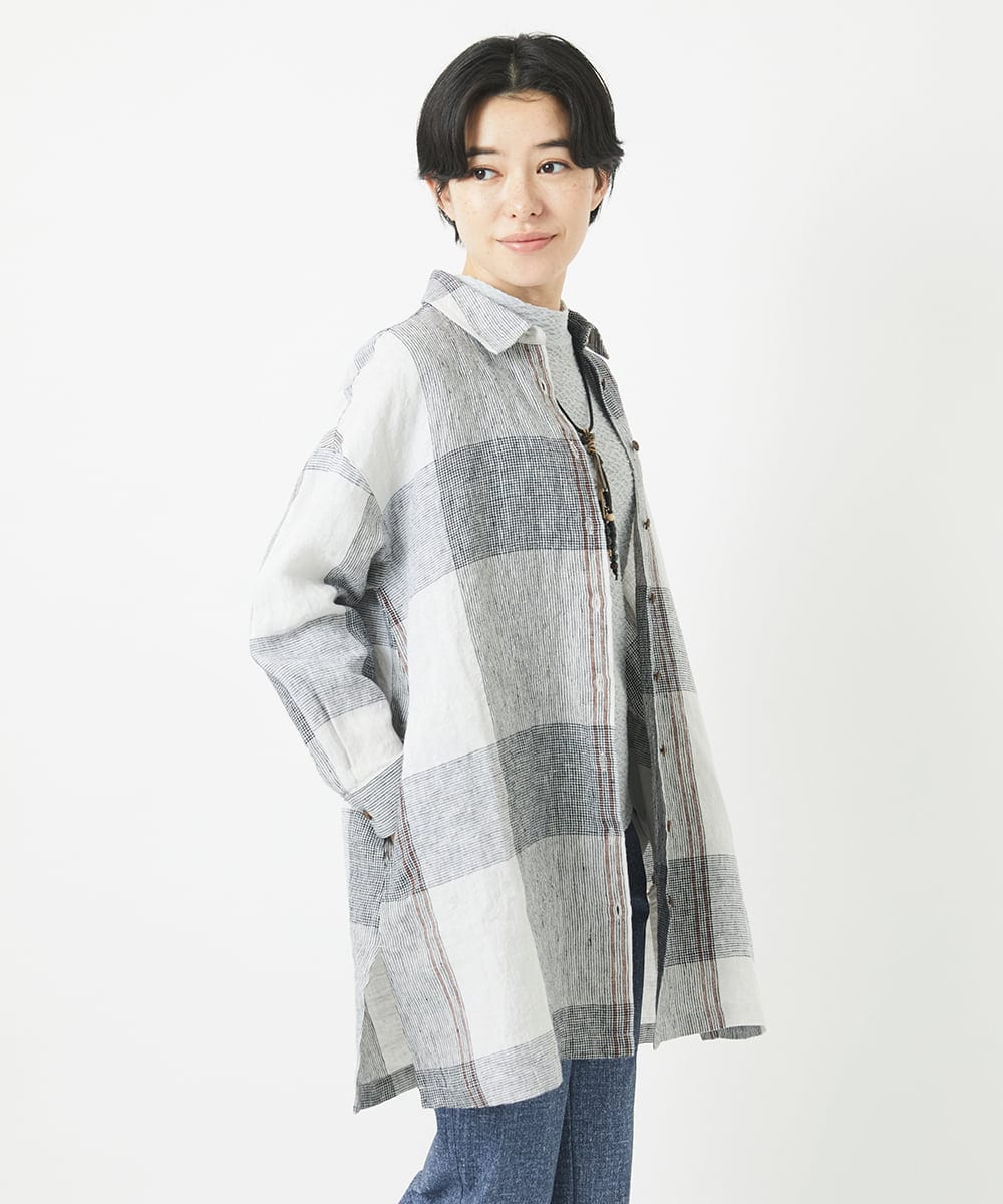 NHBGB54390 GIANNI LO GIUDICE(小さいサイズ)(メゾン ドゥ サンク) リネンチェックロングシャツブラウス ブラック×ホワイト