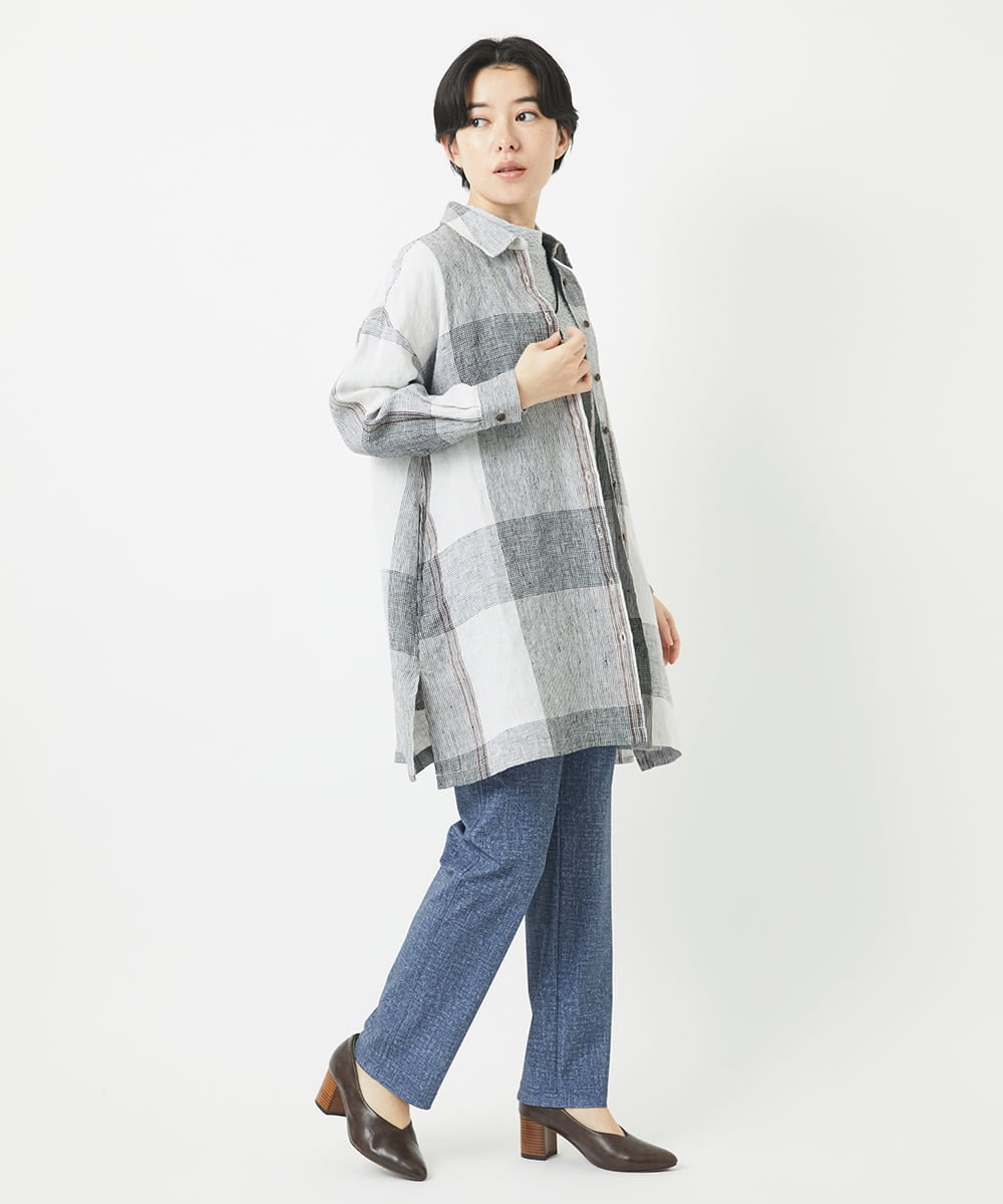 NHBGB54390 GIANNI LO GIUDICE(小さいサイズ)(メゾン ドゥ サンク) リネンチェックロングシャツブラウス ブラック×ホワイト