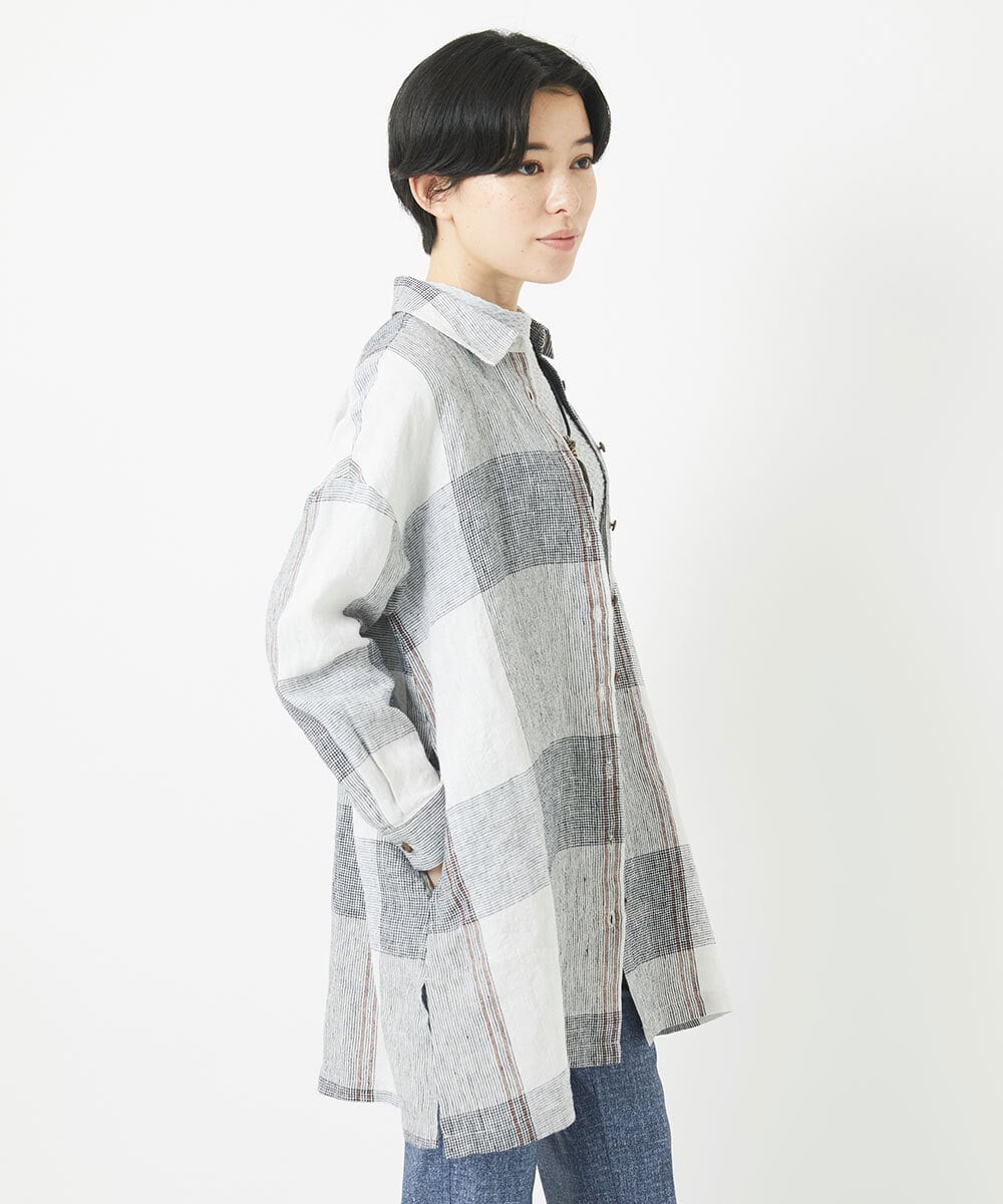 NHBGB54390 GIANNI LO GIUDICE(小さいサイズ)(メゾン ドゥ サンク) リネンチェックロングシャツブラウス ブラック×ホワイト