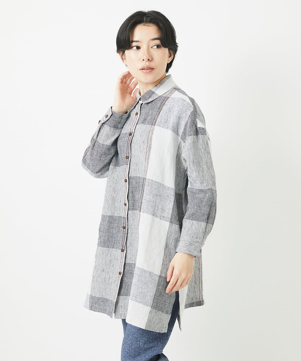NHBGB54390 GIANNI LO GIUDICE(小さいサイズ)(メゾン ドゥ サンク) リネンチェックロングシャツブラウス ブラック×ホワイト