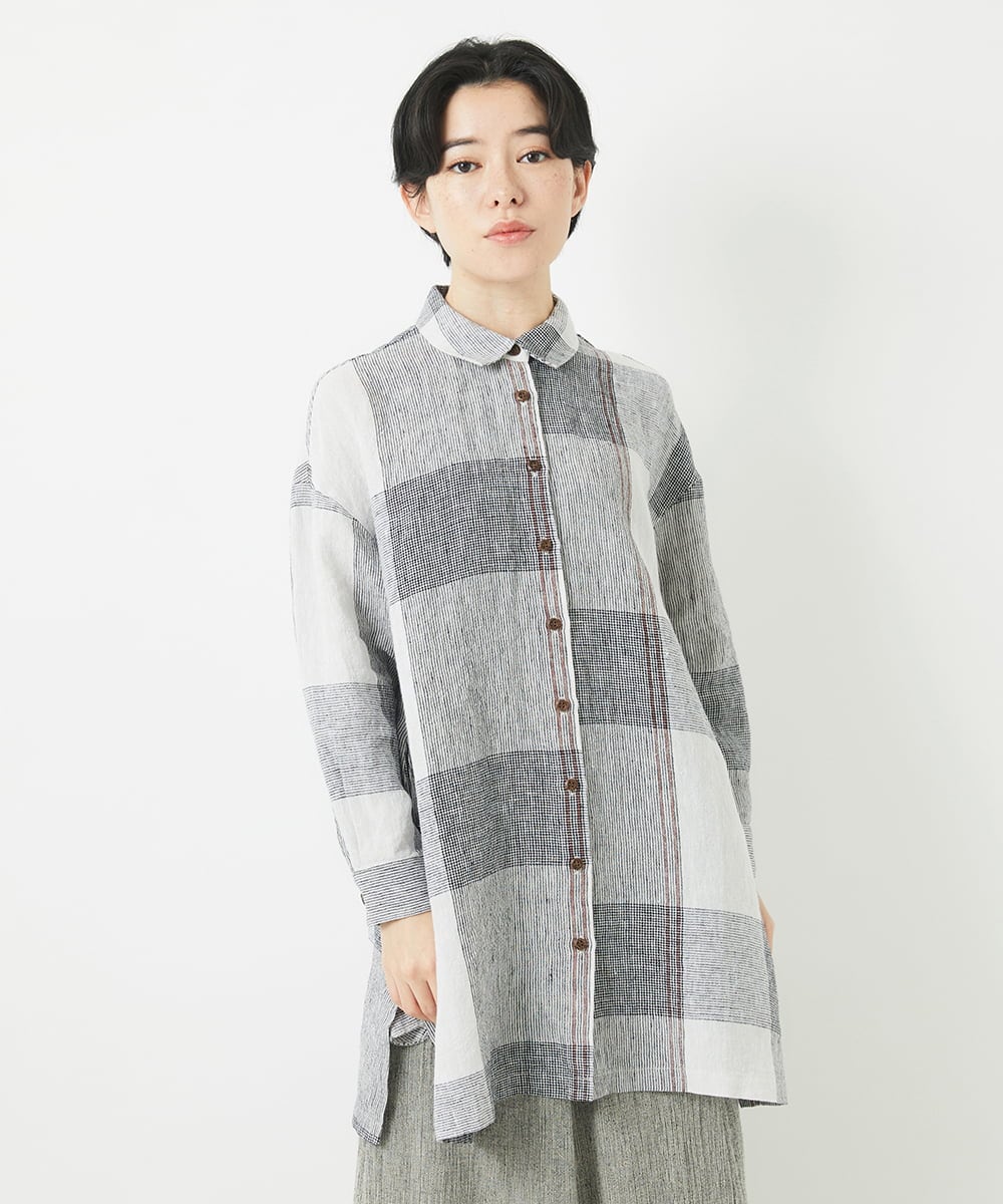 NHBGB54390 GIANNI LO GIUDICE(小さいサイズ)(メゾン ドゥ サンク) リネンチェックロングシャツブラウス ブラック×ホワイト