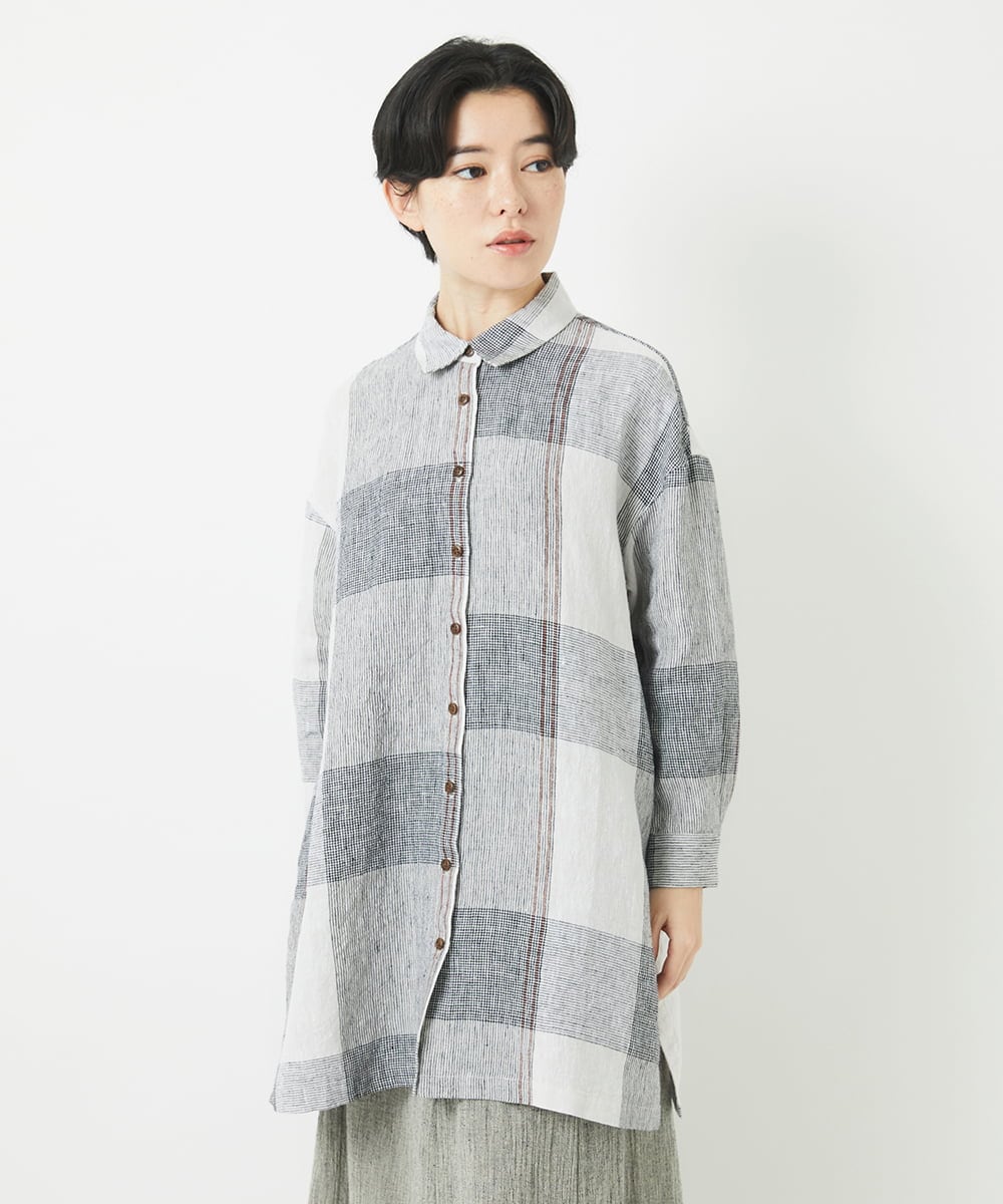 NHBGB54390 GIANNI LO GIUDICE(小さいサイズ)(メゾン ドゥ サンク) リネンチェックロングシャツブラウス ブラック×ホワイト