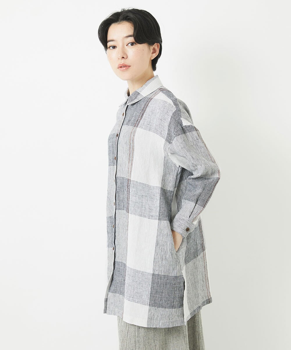 NHBGB54390 GIANNI LO GIUDICE(小さいサイズ)(メゾン ドゥ サンク) リネンチェックロングシャツブラウス ブラック×ホワイト
