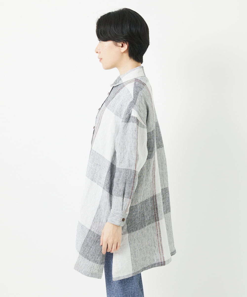 NHBGB54390 GIANNI LO GIUDICE(小さいサイズ)(メゾン ドゥ サンク) リネンチェックロングシャツブラウス ブラック×ホワイト