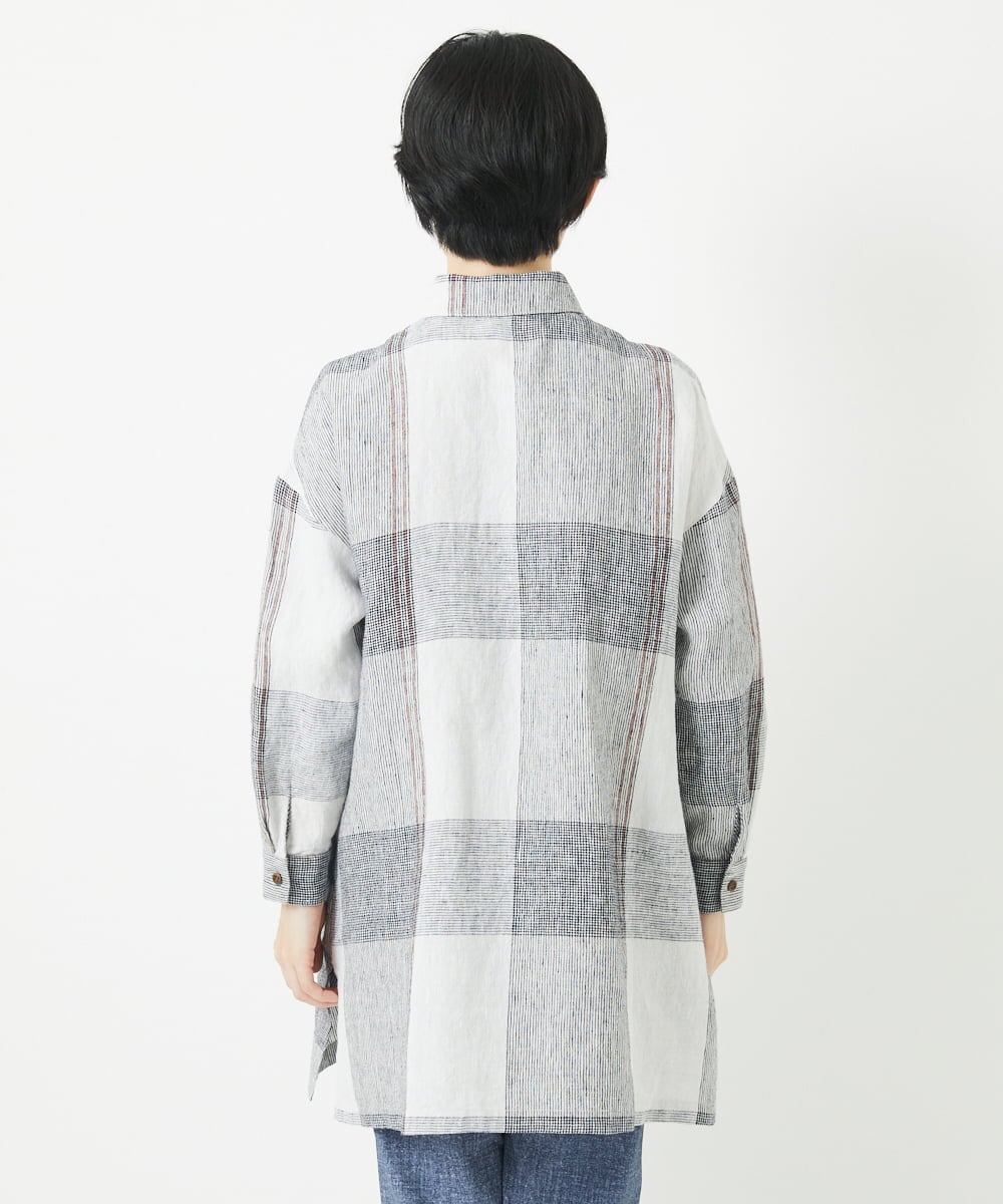 NHBGB54390 GIANNI LO GIUDICE(小さいサイズ)(メゾン ドゥ サンク) リネンチェックロングシャツブラウス ブラック×ホワイト