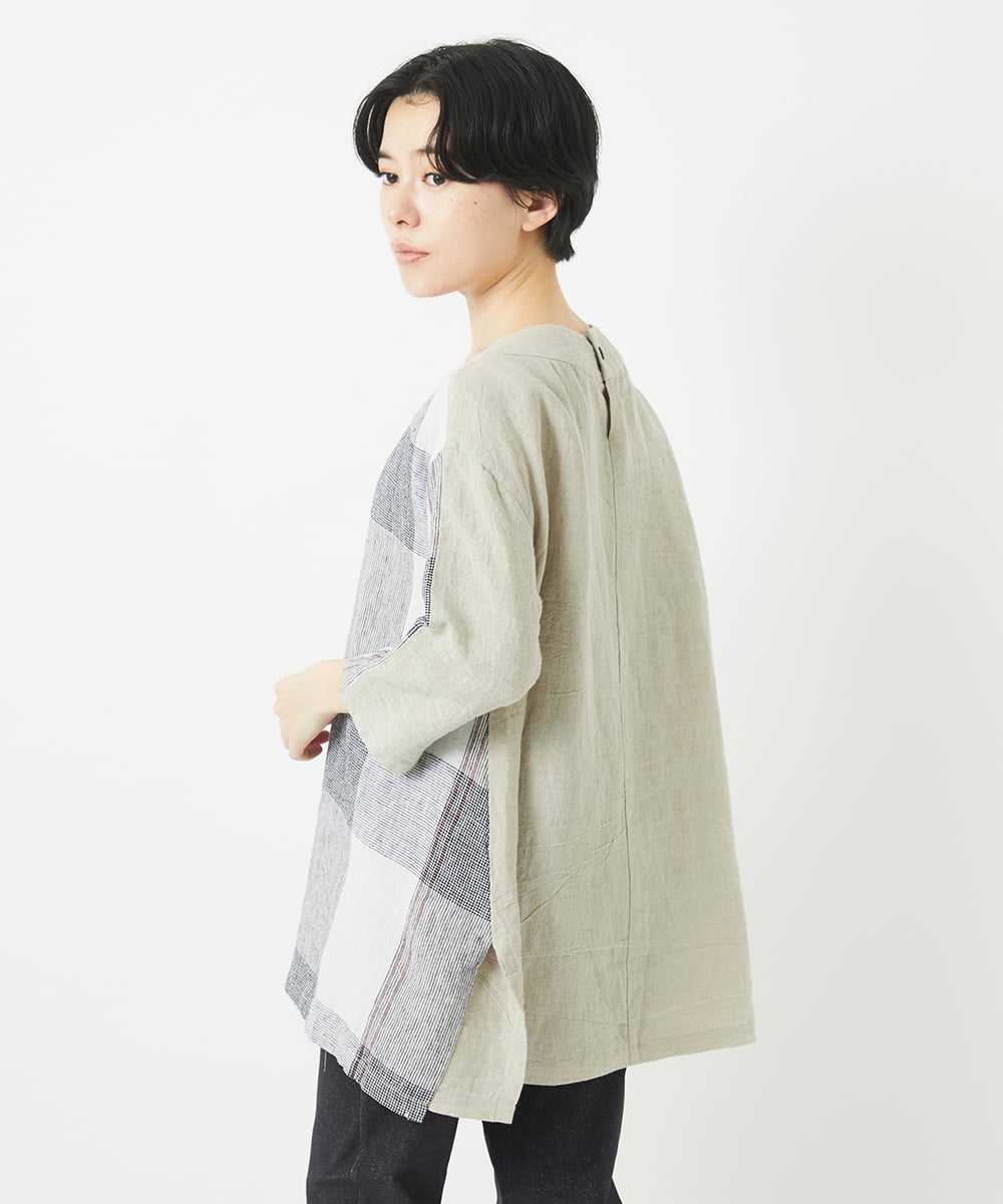 NHBGB55390 GIANNI LO GIUDICE(小さいサイズ)(メゾン ドゥ サンク) リネンチェックプルオーバーブラウス ブラック☓ホワイト