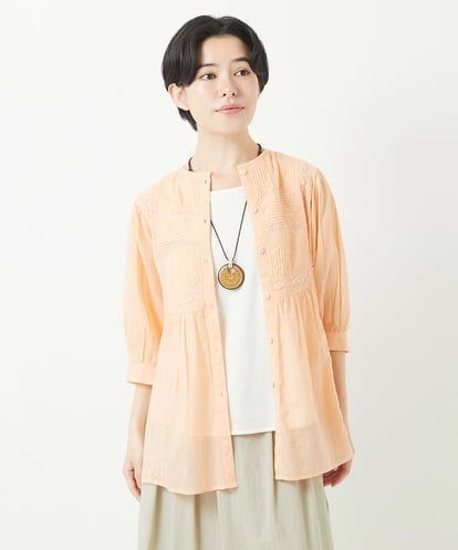 Maison de CINQ(メゾン ドゥ サンク) コットンボイルノーカラーデザインブラウス ライトピンク 36