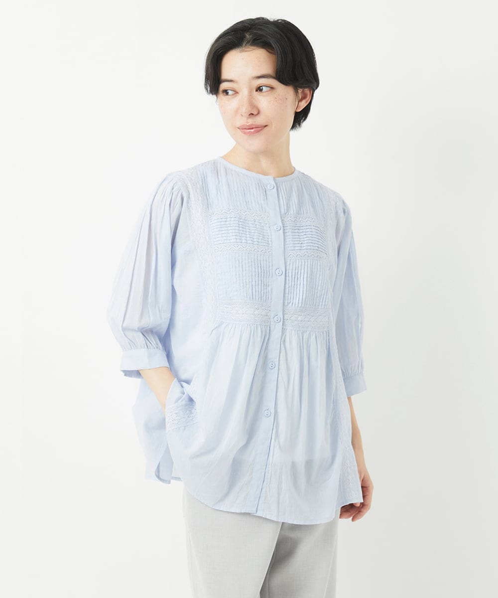 NHBGC89190 GIANNI LO GIUDICE(小さいサイズ)(メゾン ドゥ サンク) コットンボイルノーカラーデザインブラウス ライトブルー