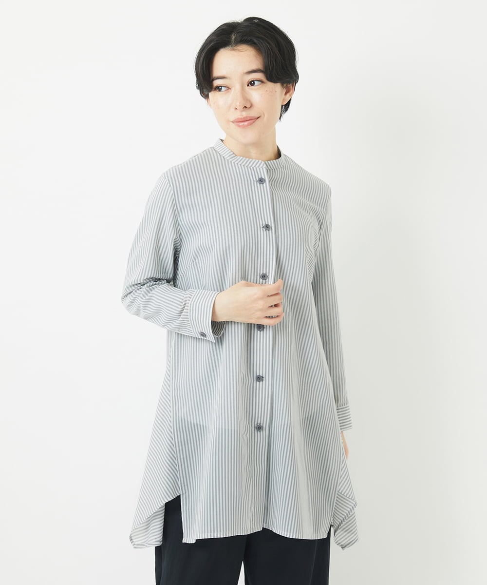 NHBGC94260 GIANNI LO GIUDICE(小さいサイズ)(メゾン ドゥ サンク) オーガニックコットンストライプチュニック丈ブラウス グレー系