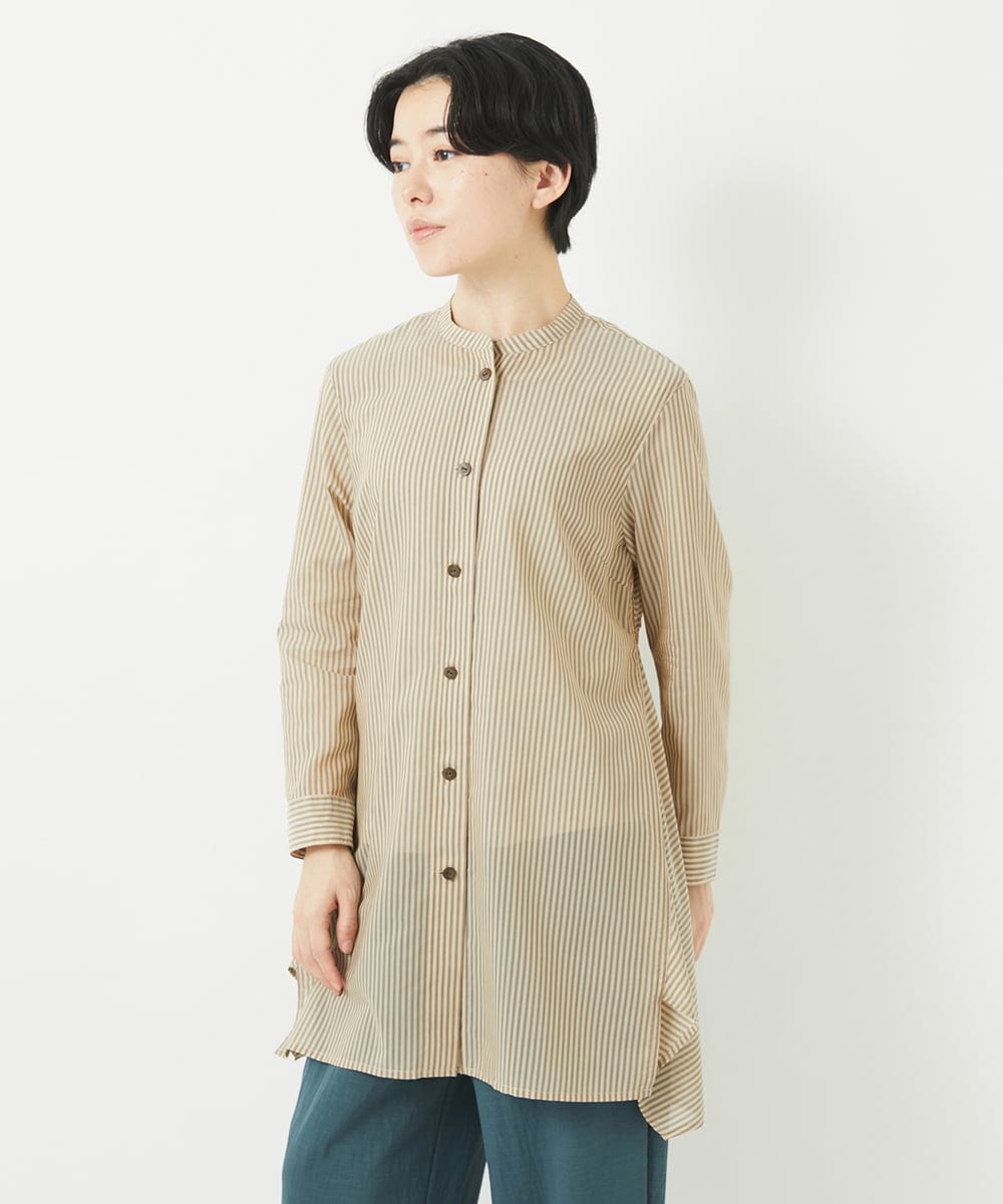 NHBGC94260 GIANNI LO GIUDICE(小さいサイズ)(メゾン ドゥ サンク) オーガニックコットンストライプチュニック丈ブラウス グレー系