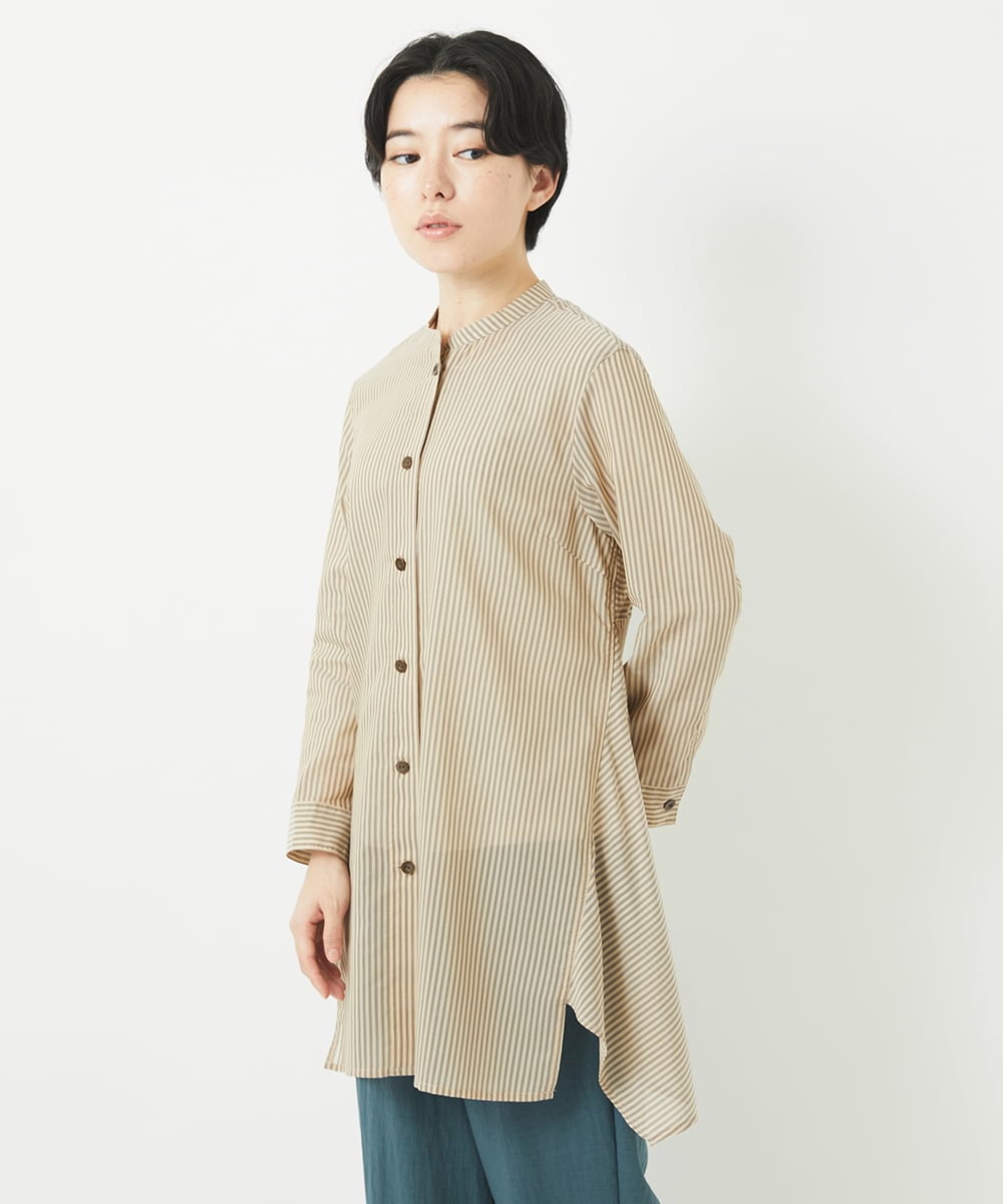 NHBGC94260 GIANNI LO GIUDICE(小さいサイズ)(メゾン ドゥ サンク) オーガニックコットンストライプチュニック丈ブラウス グレー系