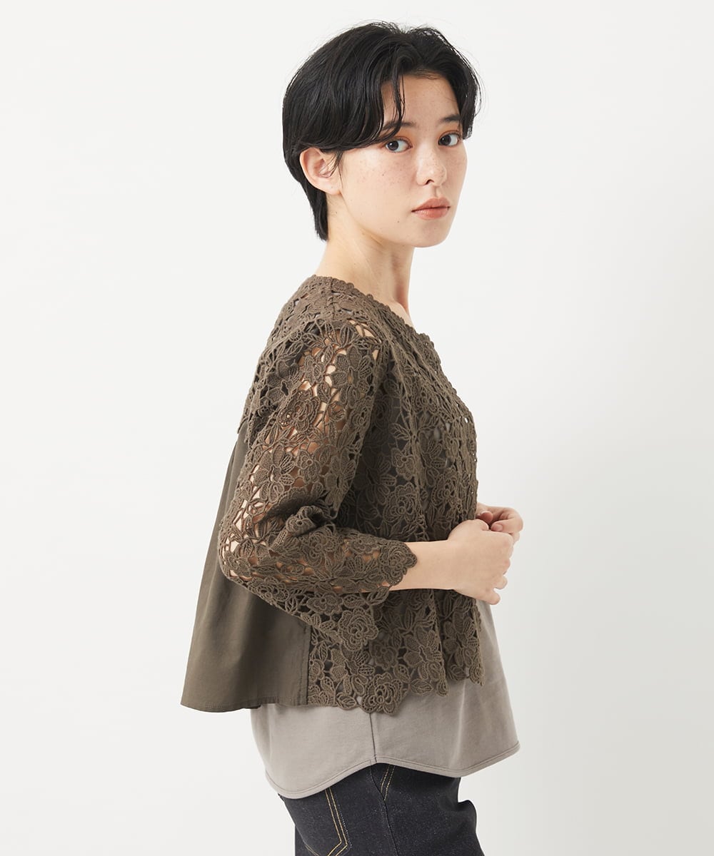 NHBGC95230 GIANNI LO GIUDICE(小さいサイズ)(メゾン ドゥ サンク) ケミカルレースボレロブラウス カーキブラウン