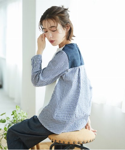 NHBGD20270  [セットアップ対応]ストライプキャッチワッシャーTブラウス