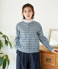 NHBGD23250 GIANNI LO GIUDICE(小さいサイズ)(メゾン ドゥ サンク) 塩縮ギンガムプリントブラウス ブルー×グリーン