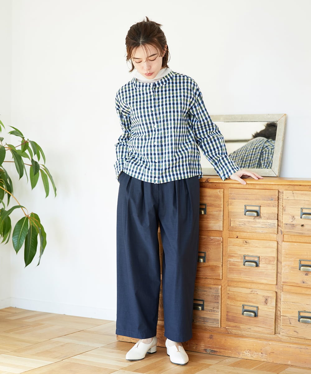 NHBGD23250 GIANNI LO GIUDICE(小さいサイズ)(メゾン ドゥ サンク) 塩縮ギンガムプリントブラウス ブルー×グリーン