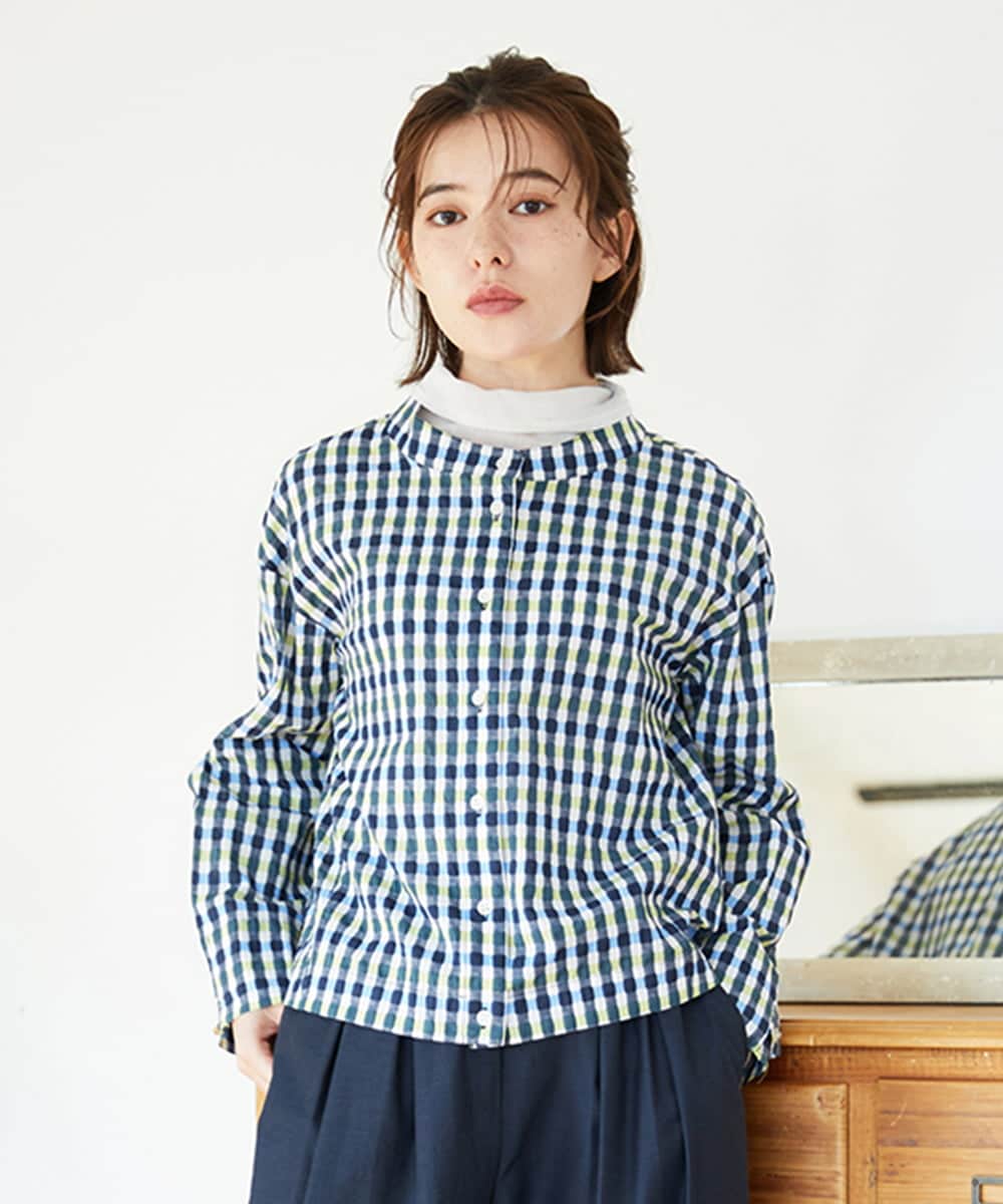 NHBGD23250 GIANNI LO GIUDICE(小さいサイズ)(メゾン ドゥ サンク) 塩縮ギンガムプリントブラウス ブルー×グリーン