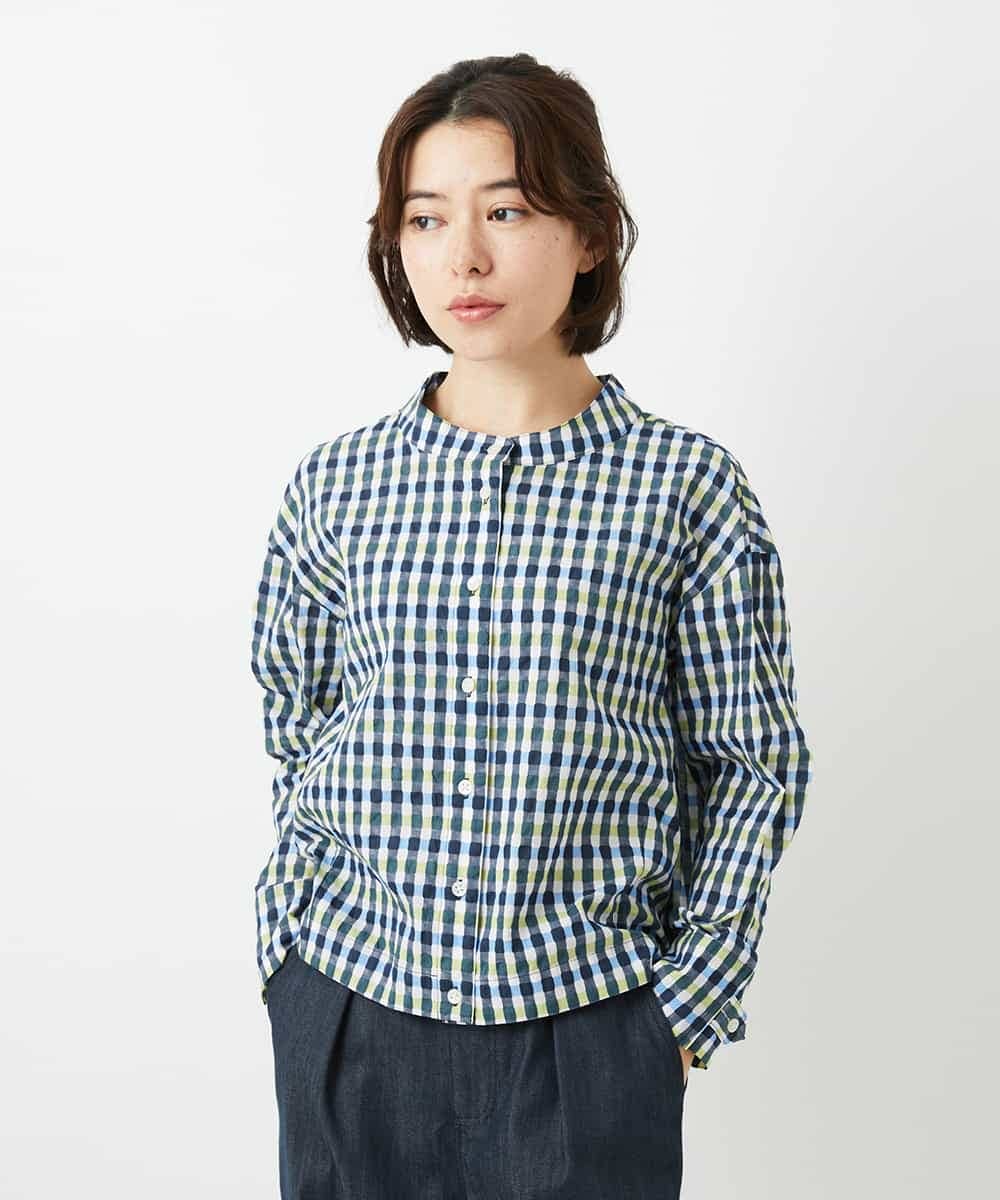 NHBGD23250 GIANNI LO GIUDICE(小さいサイズ)(メゾン ドゥ サンク) 塩縮ギンガムプリントブラウス ブルー×グリーン