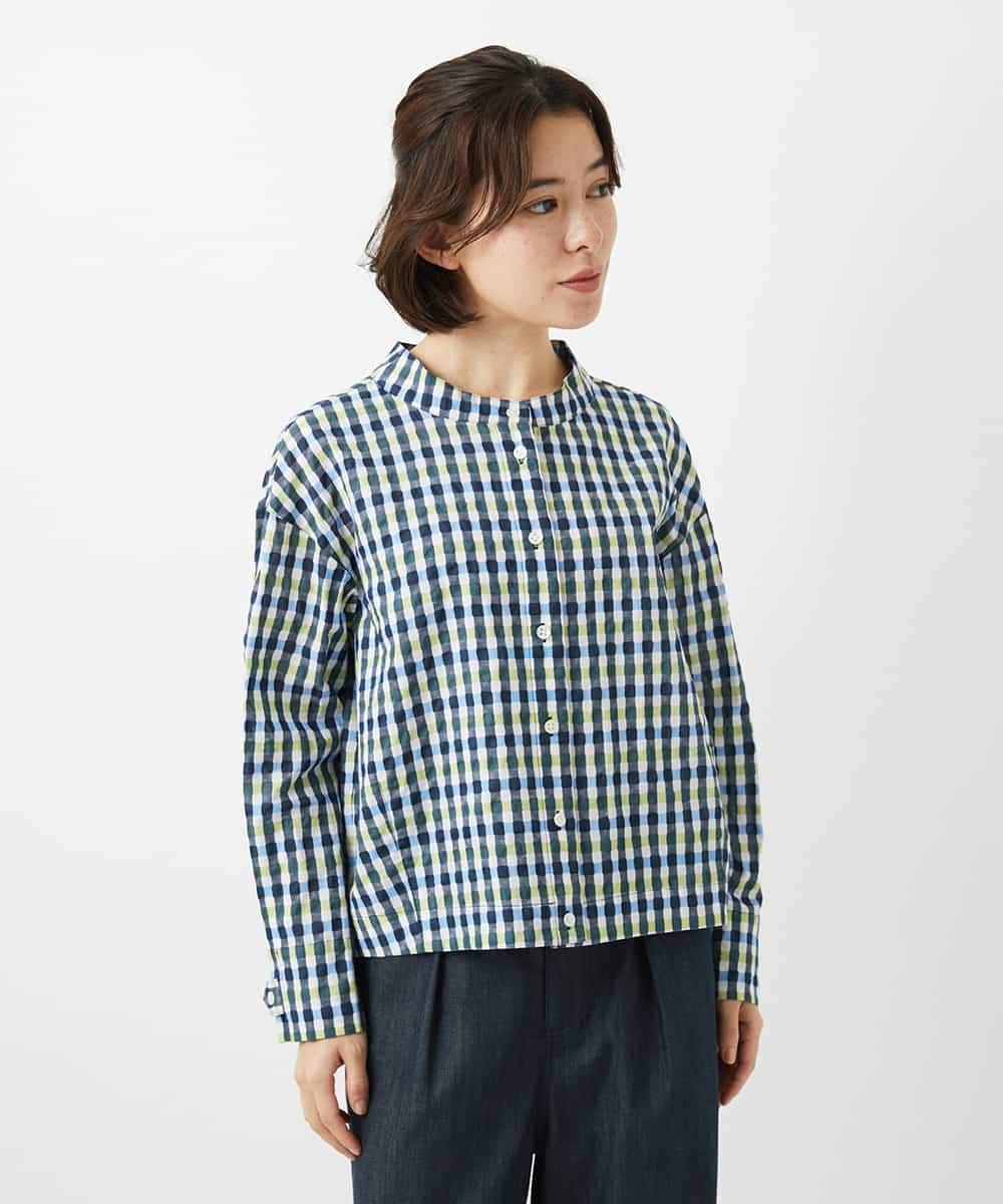NHBGD23250 GIANNI LO GIUDICE(小さいサイズ)(メゾン ドゥ サンク) 塩縮ギンガムプリントブラウス ブルー×グリーン