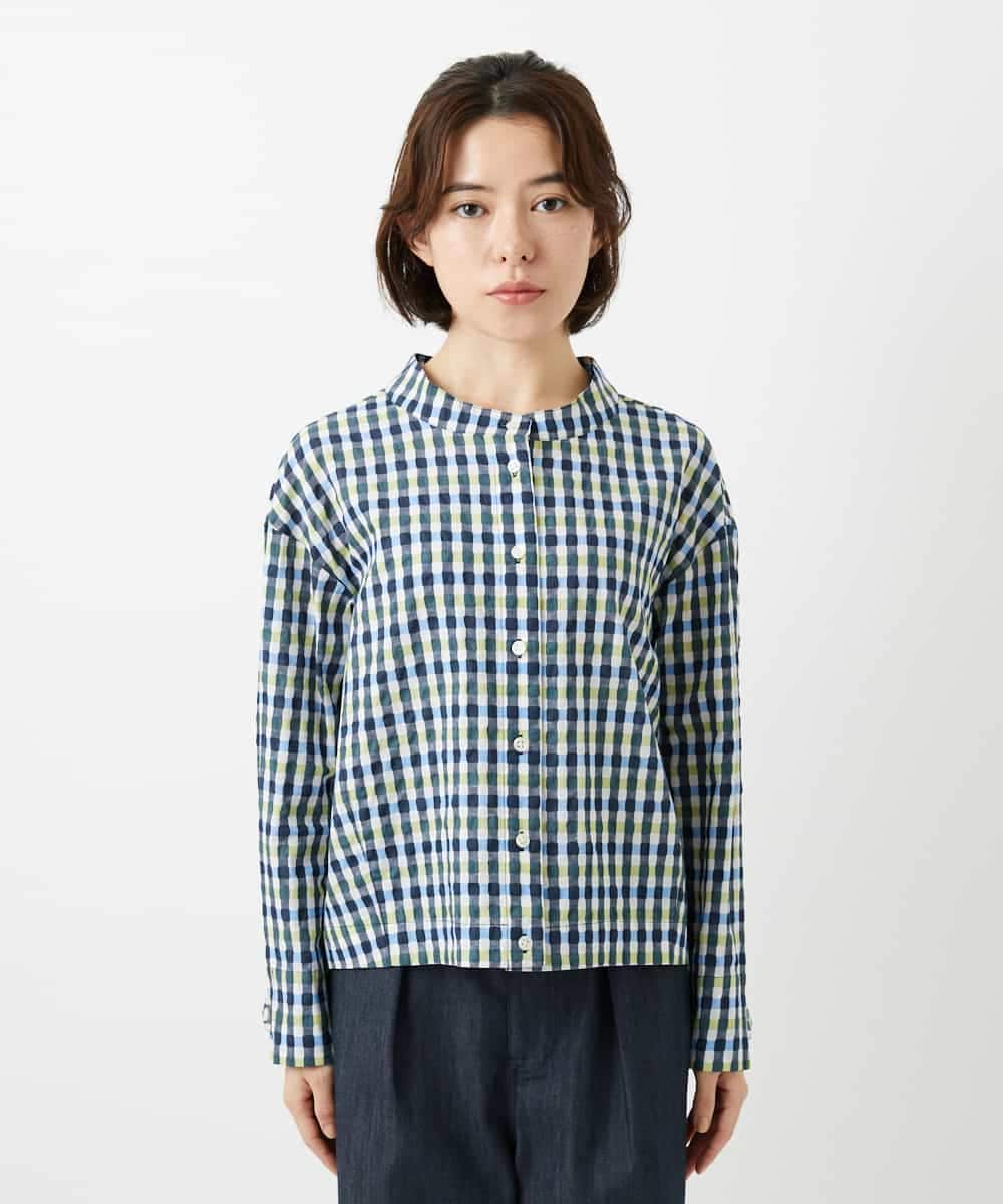 NHBGD23250 GIANNI LO GIUDICE(小さいサイズ)(メゾン ドゥ サンク) 塩縮ギンガムプリントブラウス ブルー×グリーン