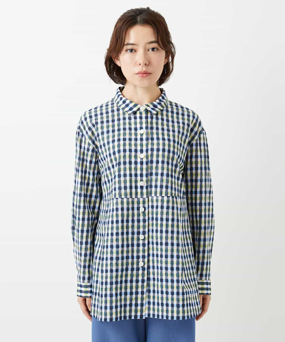 NHBGD24270 GIANNI LO GIUDICE(小さいサイズ)(メゾン ドゥ サンク) 塩縮ギンガムチェックチュニックブラウス ライトブルー
