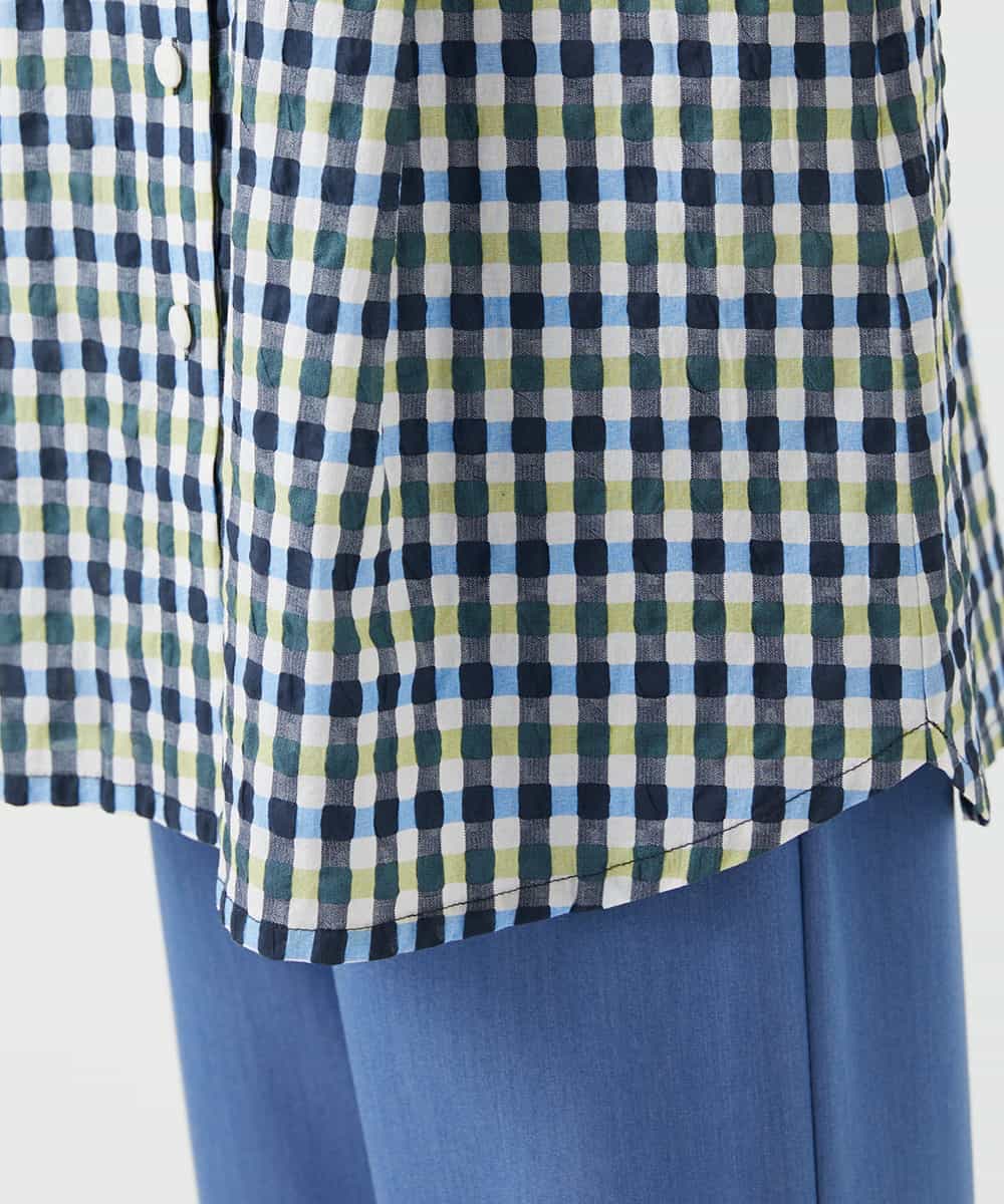 NHBGD24270 GIANNI LO GIUDICE(小さいサイズ)(メゾン ドゥ サンク) 塩縮ギンガムチェックチュニックブラウス ライトブルー